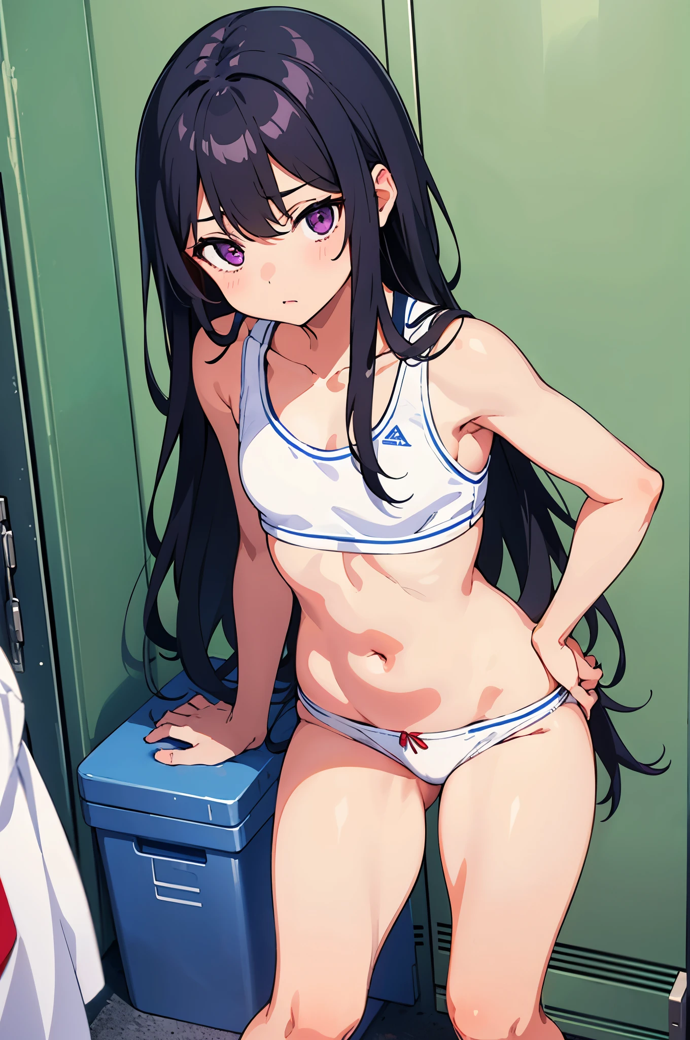 Women&#39;s locker room　　8-year-old　flat chest　blhair　g hair　eyes are purple　（（1 person））　upper body white sports bra　Lower body white panties　white socks　sports boots　standing leaning against a locker　Open your legs slightly（（White panties are visible））　dynamic angle　Low angle focusing on the lower body