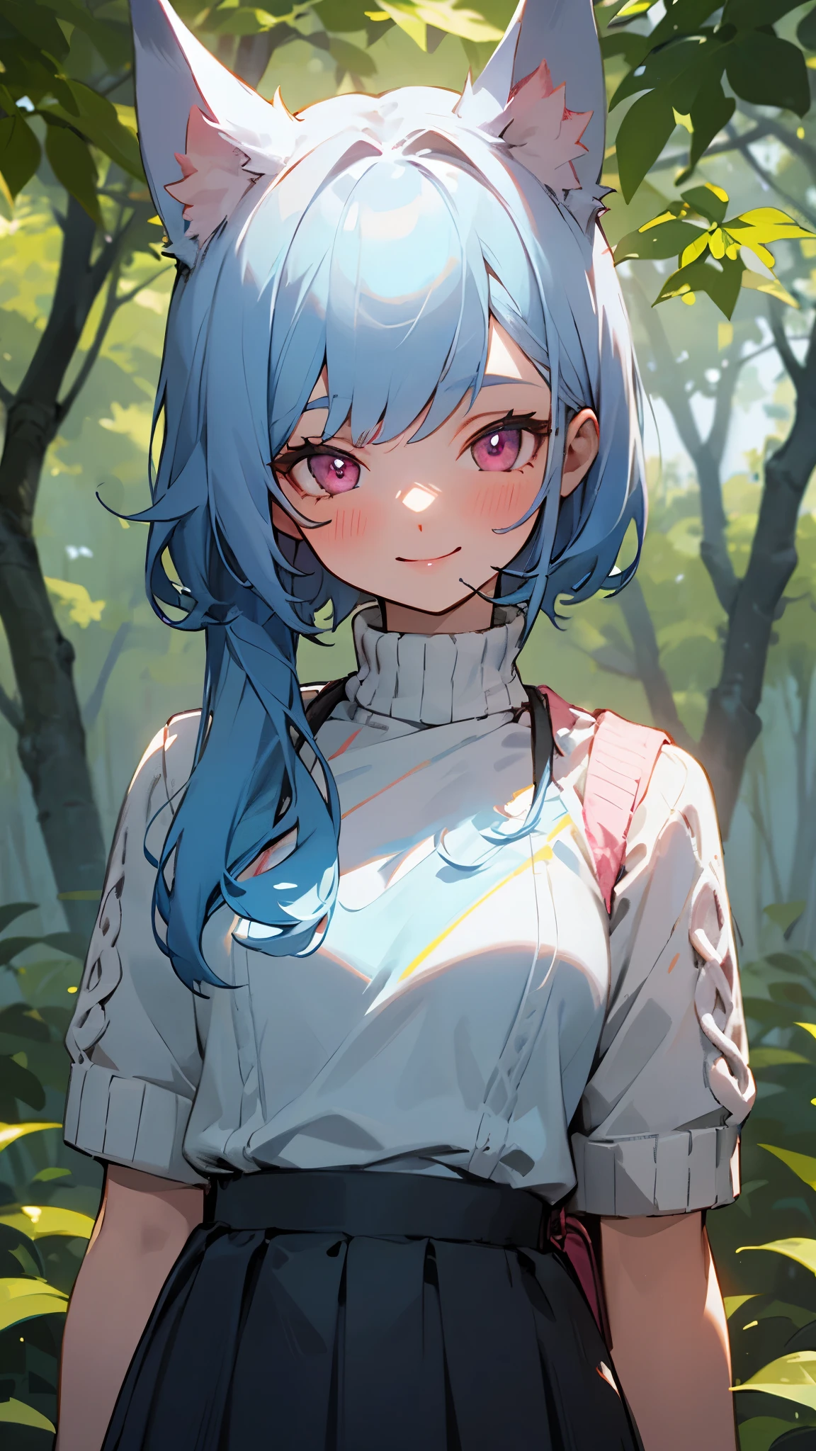  girl、light blue hair、dog ears、pink eyes、smile、small breasts、skirt、Colorful knitwear、in the forest、morning、upper body up、I have a lunch box