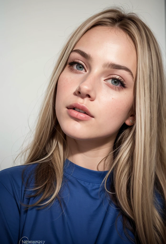 a close up of a woman with long hair wearing a blue shirt, brunette with dyed blonde hair, 🤤 girl portrait, 18 years old, high quality portrait, anna nikonova aka newmilky, anastasia ovchinnikova, 19-year-old girl, viktoria gavrilenko, aleksandra waliszewska, headshot profile picture