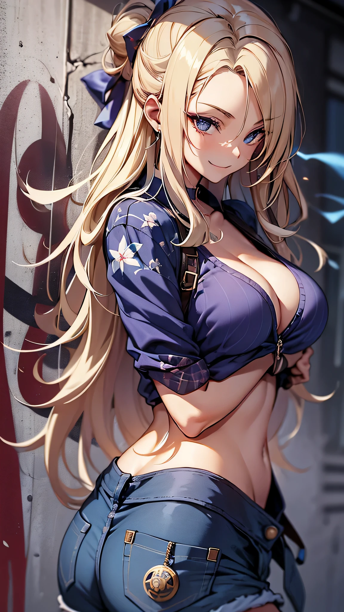 最high quality、best image quality、masterpiece、age girl((18-year-old、 By becoming、vest bust、medium bust,wide open breast tea、black eye, blonde hair、Habitual hair、long hair、thin,highest valley、navel black tank top、blue shorts、Holding a spray can、smug face、leaning forward、paint跡、black aloha shirt、Rear view、lots of accessories、wallに寄りかかる、sexy pose)),high quality、beautiful art、background((Bright city、wall、graffiti、paint、Hawaii、Waikiki))debris flies、Depth of written boundary、movie、visual art、perfect art、8K,genuine
