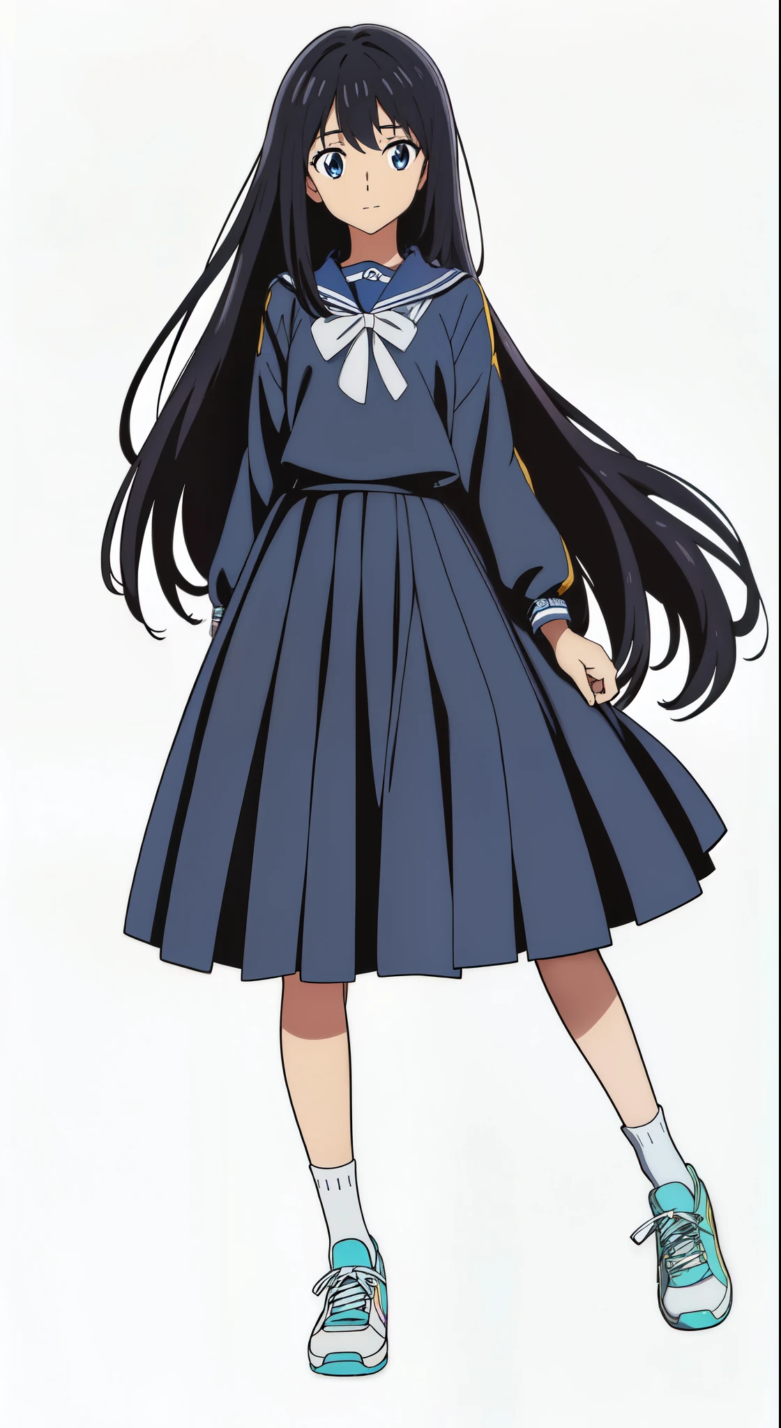 (best quality:2.0), (white background:1.0), (anime:2.0), (official art:2.0), (best quality:2.0), (masterpiece:1.0), (full body:1.0), (solo:1.0), (a 15yo cute girl:0.5), (long skirt:1.0), (dark blue skirt:1.0), (pleated skirt:1.0), (dark blue sailor uniform:1.0), (long sleeve sailor uniform:1.0), (sneakers:1.0), (white socks:1.0), (ideal ratio body proportions:1.0), (lanky:1.0), (tall:1.0), (slender:1.0), (small breasts:1.0), (smaller face:1.0), (tareme:1.5), (detailed beautiful eyes:1.5), (detailed beautiful face:1.5), (glowing black eyes:1.0), (medium hair:1.0), (black hair:1.0), (standing:1.0), (looking at viewer:1.0)