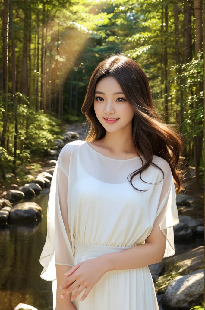 8K super resolution、Beautiful woman、one woman、黒い茶colorの髪:1.1、highly detailed face、detailed lips、important、(eyes are in focus)、double eyelid、Eyes of the Princess、 beautiful japanese woman、beautiful japanese girl、 sensual lip、bewitching body、Bust Size 82、8 life size、Standing in a natural and stimulating pose with good left and right balance and facing forward.、20's、(20-year-old)、perspective、cute smile, Wearing a white dress、hair blowing in the wind、important(Detailed number and shape of hands)、clear image、detailed eye sparkles、There is a forest in the ultra-realistic and detailed background, and the light is shining from behind diagonally to the left.、color々hairstyle、
