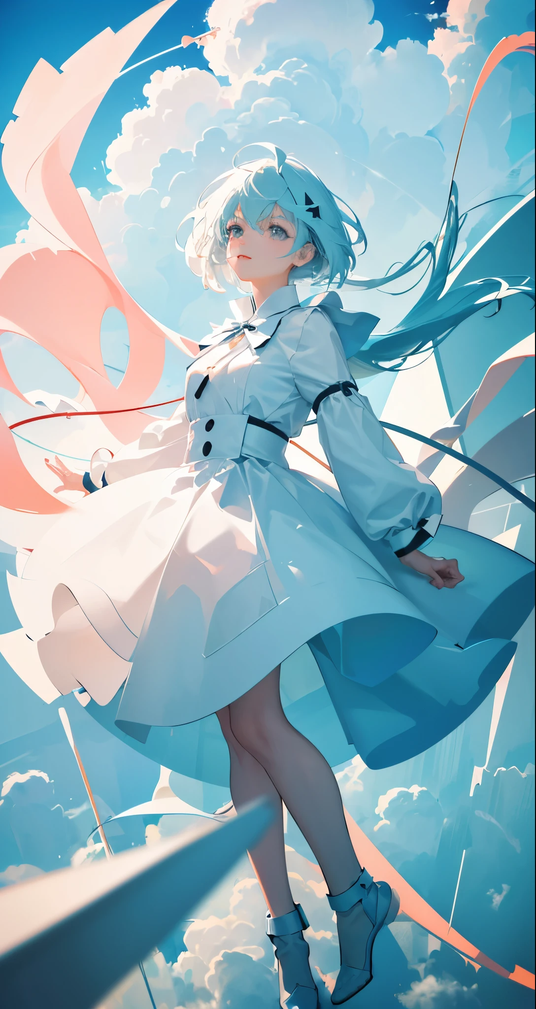 masterpiece, best quality, movie still, 1girl, floating in the sky, cloud girl, cloud, (close-up:1.1), bright, happy, fun, soft lighting, (Bauhaus, shapes, lines, abstract:1.1)