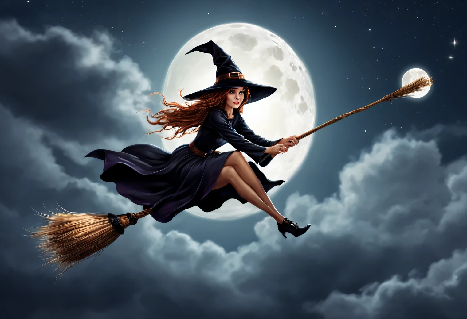 witch flies on a broom against the backdrop of the full moon, woman witch flying on a broom, sky witch flying on a broom, Witch on a Broomstick, the witch sits on a broom and flies across the sky, creepy woman on a broom flying across the sky, классическая Witch on a Broomstick, supervillain witch flying on a broomstick, Witch girl flying on a broom, illustration