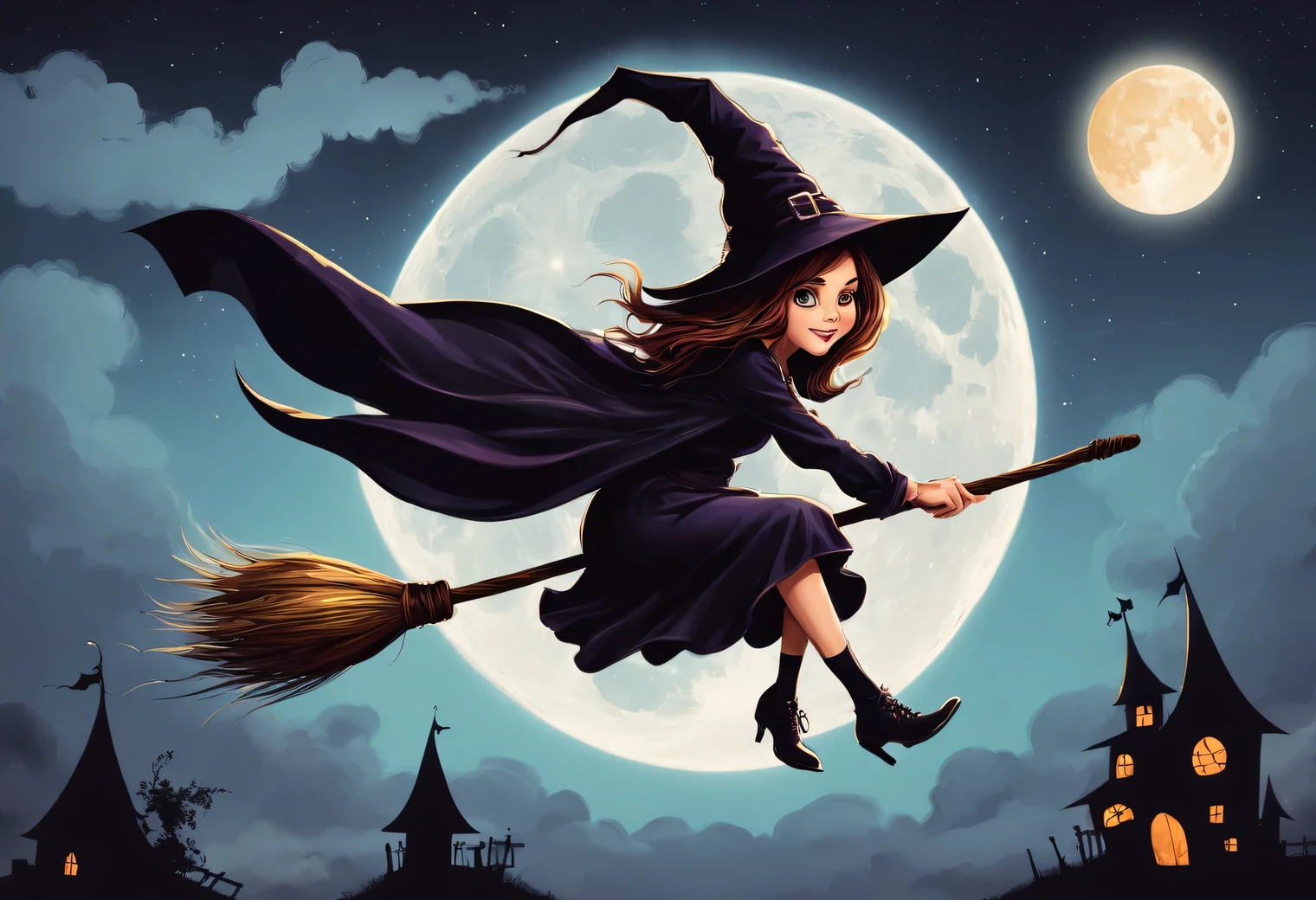 witch flies on a broom against the backdrop of the full moon, woman witch flying on a broom, sky witch flying on a broom, Witch on a Broomstick, the witch sits on a broom and flies across the sky, creepy woman on a broom flying across the sky, классическая Witch on a Broomstick, supervillain witch flying on a broomstick, Witch girl flying on a broom, illustration