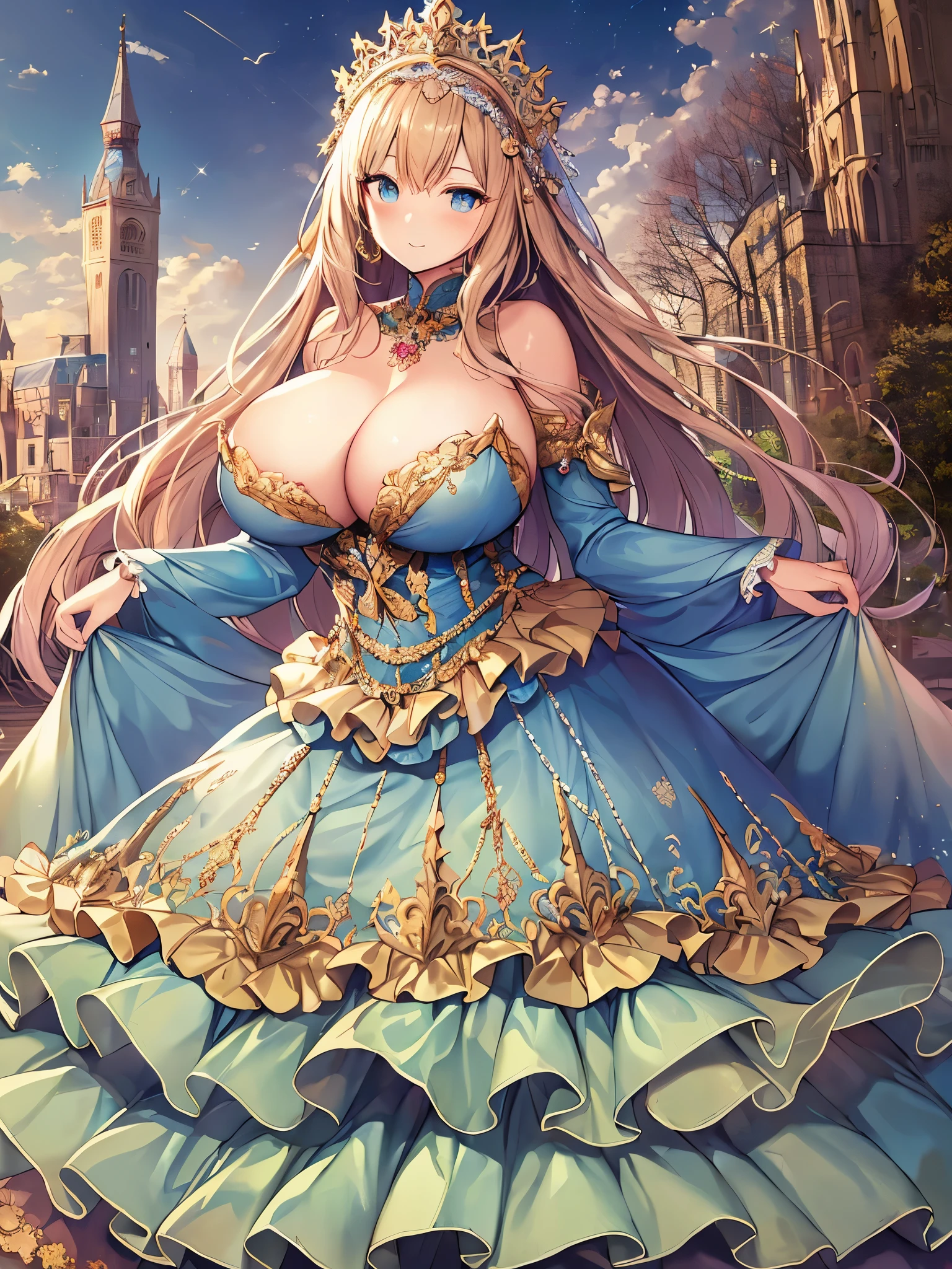 anime artstyle,Masterpiece,Best Quality,Super Detail,((Very Delicate and Beautiful)),(((1 plump princess in beautiful embroidery and jeweled gorgeous rococo ballgown with voluminous hoop skirt))),crinoline skirt,((Solo)),((stand in front of the kingdom's castle,outdoor,sky)),((full body)),(((very gigantic breasts,very gigantic breasts,sagging breasts,skindentation))),cleavage,detailed face and eyes,jewel-like eyes,((extremely voluminous straight Hair,Extremely Long Straight Hair)),((gorgeousfull embroidery and lace,beautiful embroidery and jeweled)),Gorgeous Gemstone Jewelry,gorgeous corsage,((gorgeous hair ornament,glitter jeweled gorgeous big tiara)),((full body)),((beautiful embroidery and jeweled gorgeous rococo ballgown with voluminous hoop skirt)),crinoline skirt,(crinoline),((stand in front of the kingdom's castle,outdoor,sky)),Looking at viewer,dynamic angle,(((beautiful embroidery and jeweled gorgeous rococo ballgown with voluminous hoop skirt))),crinoline skirt,full body,