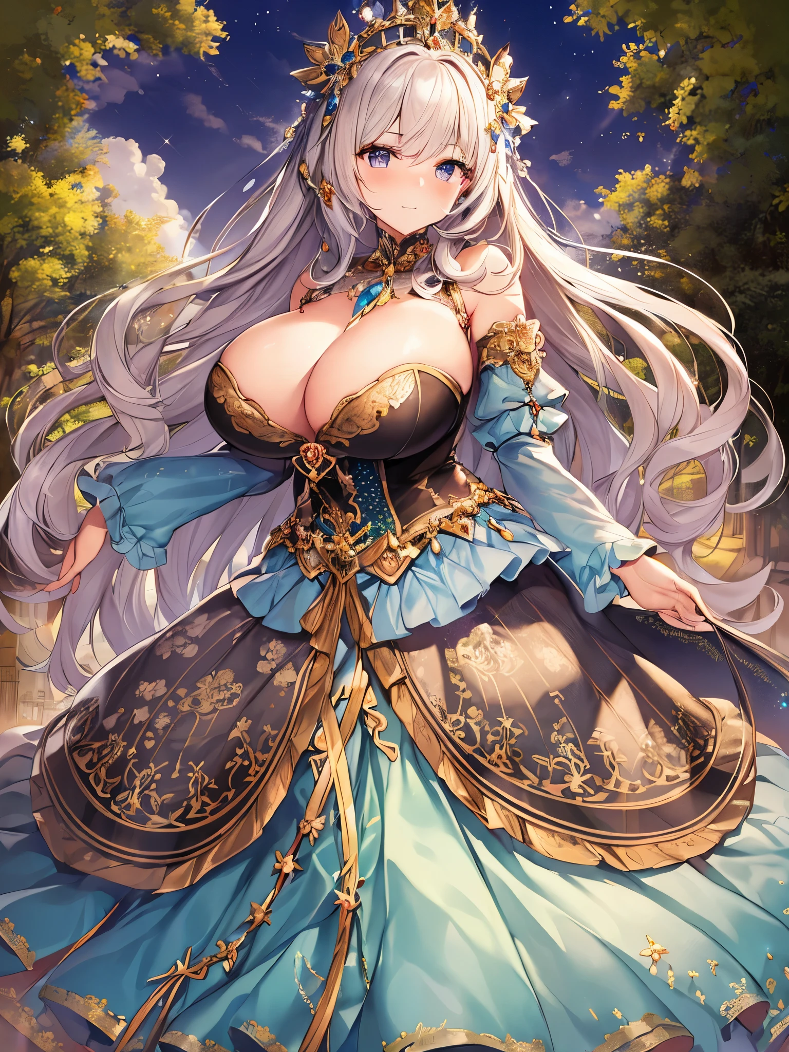 anime artstyle,Masterpiece,Best Quality,Super Detail,((Very Delicate and Beautiful)),(((1 plump princess in beautiful embroidery and jeweled gorgeous rococo ballgown with voluminous hoop skirt))),crinoline skirt,((Solo)),((stand in front of the kingdom's castle,outdoor,sky)),((full body)),(((very gigantic breasts,very gigantic breasts,sagging breasts,skindentation))),cleavage,detailed face and eyes,jewel-like eyes,((extremely voluminous straight Hair,Extremely Long Straight Hair)),((gorgeousfull embroidery and lace,beautiful embroidery and jeweled)),Gorgeous Gemstone Jewelry,gorgeous corsage,((gorgeous hair ornament,glitter jeweled gorgeous big tiara)),((full body)),((beautiful embroidery and jeweled gorgeous rococo ballgown with voluminous hoop skirt)),crinoline skirt,(crinoline),((stand in front of the kingdom's castle,outdoor,sky)),Looking at viewer,dynamic angle,(((beautiful embroidery and jeweled gorgeous rococo ballgown with voluminous hoop skirt))),crinoline skirt,full body,