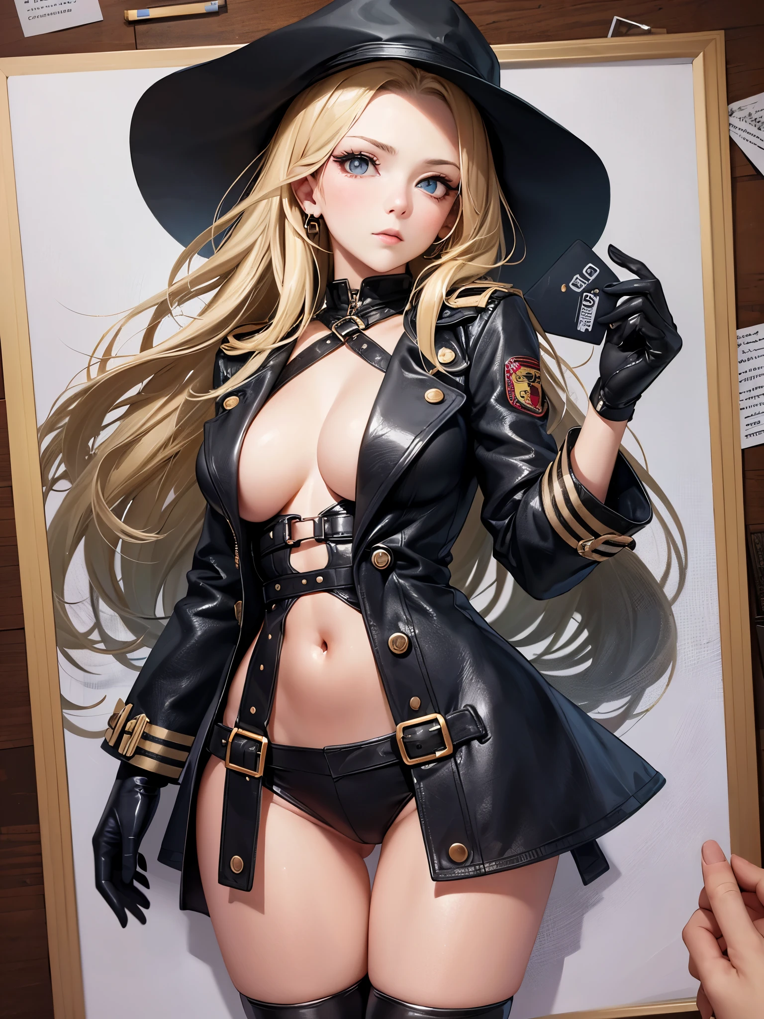 ((highest quality)),(ultra high resolution),(Super detailed),(detailed description),((best CG)),(best work of art),super precision art,great drawing art,(Works with precise details:1.5), (1 female model:1.6),(beautiful and well-shaped face:1.5),(trench coat:1.5),Laced boots:1.4,Leather gloves:1.5,(serious look:1.4),