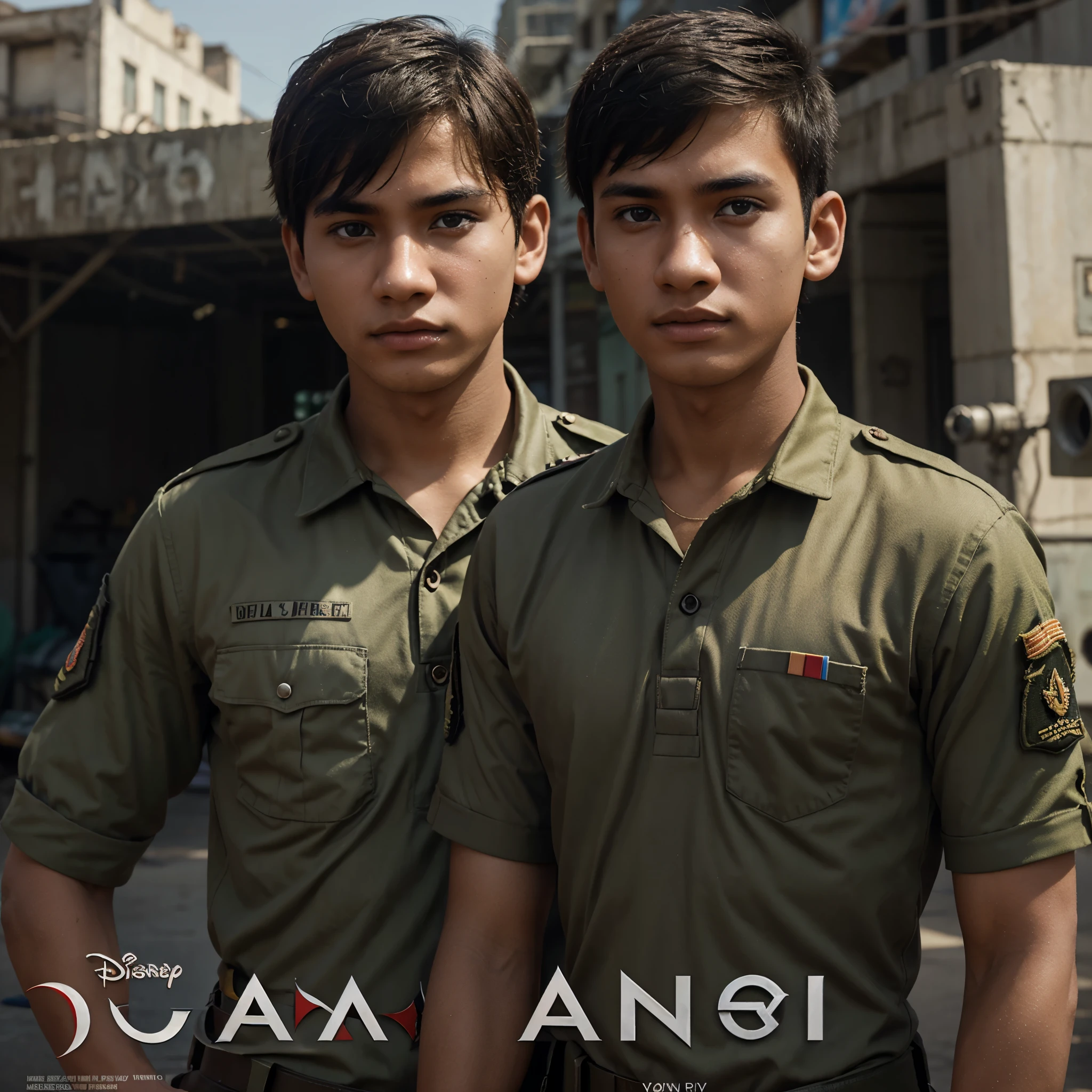Disney Pixar poster with "MAKASSAR" a age boy wearing an Army uniform with the name "Iqra" on the right chest in one of the cities where there was a war, 3d animation