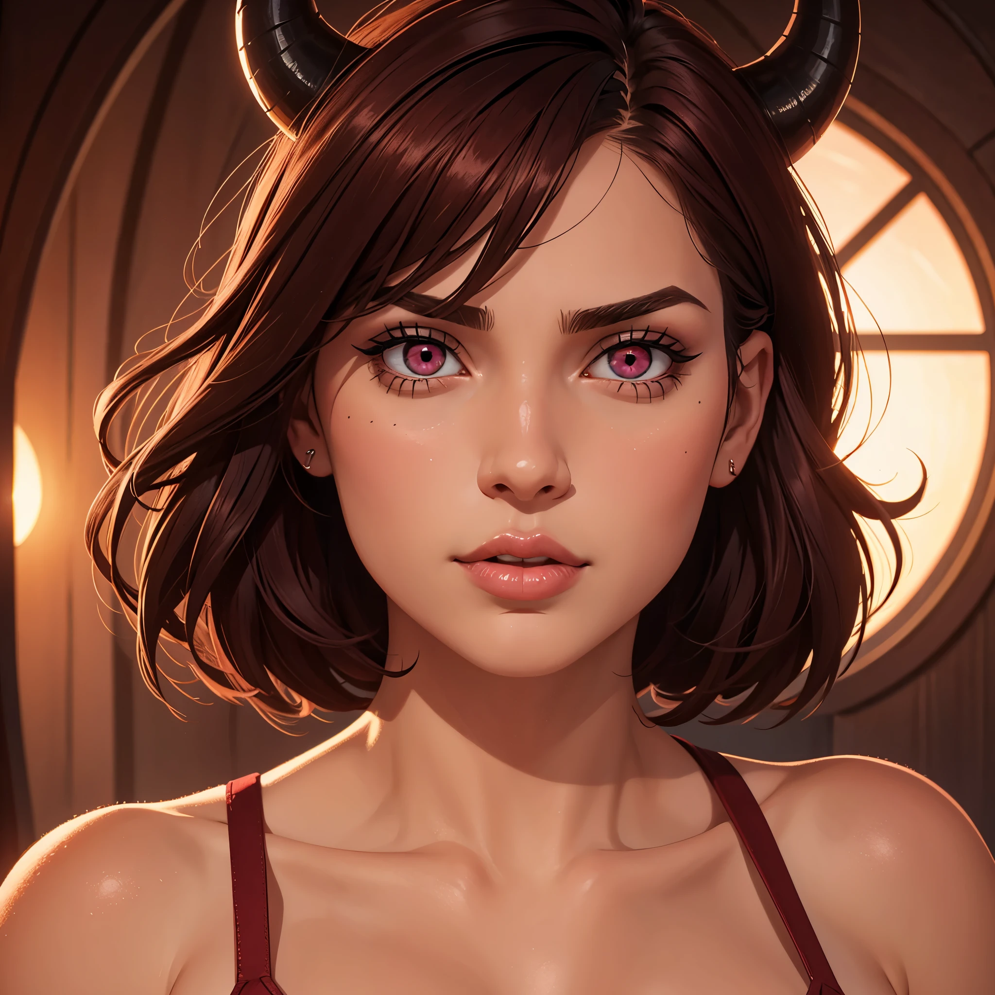 best quality, ultra-detailed, realistic, 1 cute girl, cute, big glossy lips, short hair, natural lighting, pink eyes, vibrant colors, soft and warm color tones, delicate facial features. Red skin. Demon horns. Hell mistress makeup. Face portrait