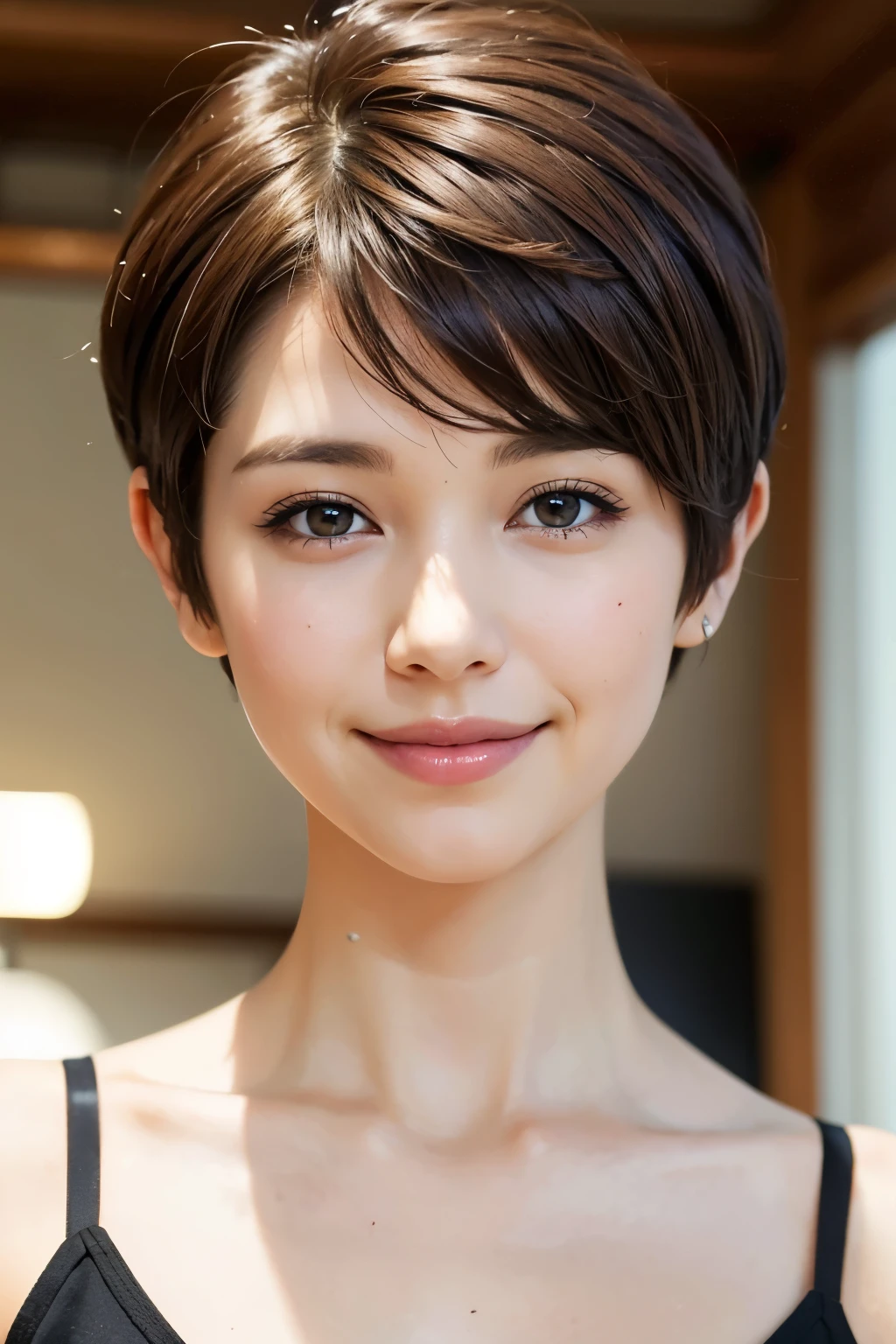 Pixie cut, very, very, very short hair, uneven tips, smile, brown hair, very short hairstyle