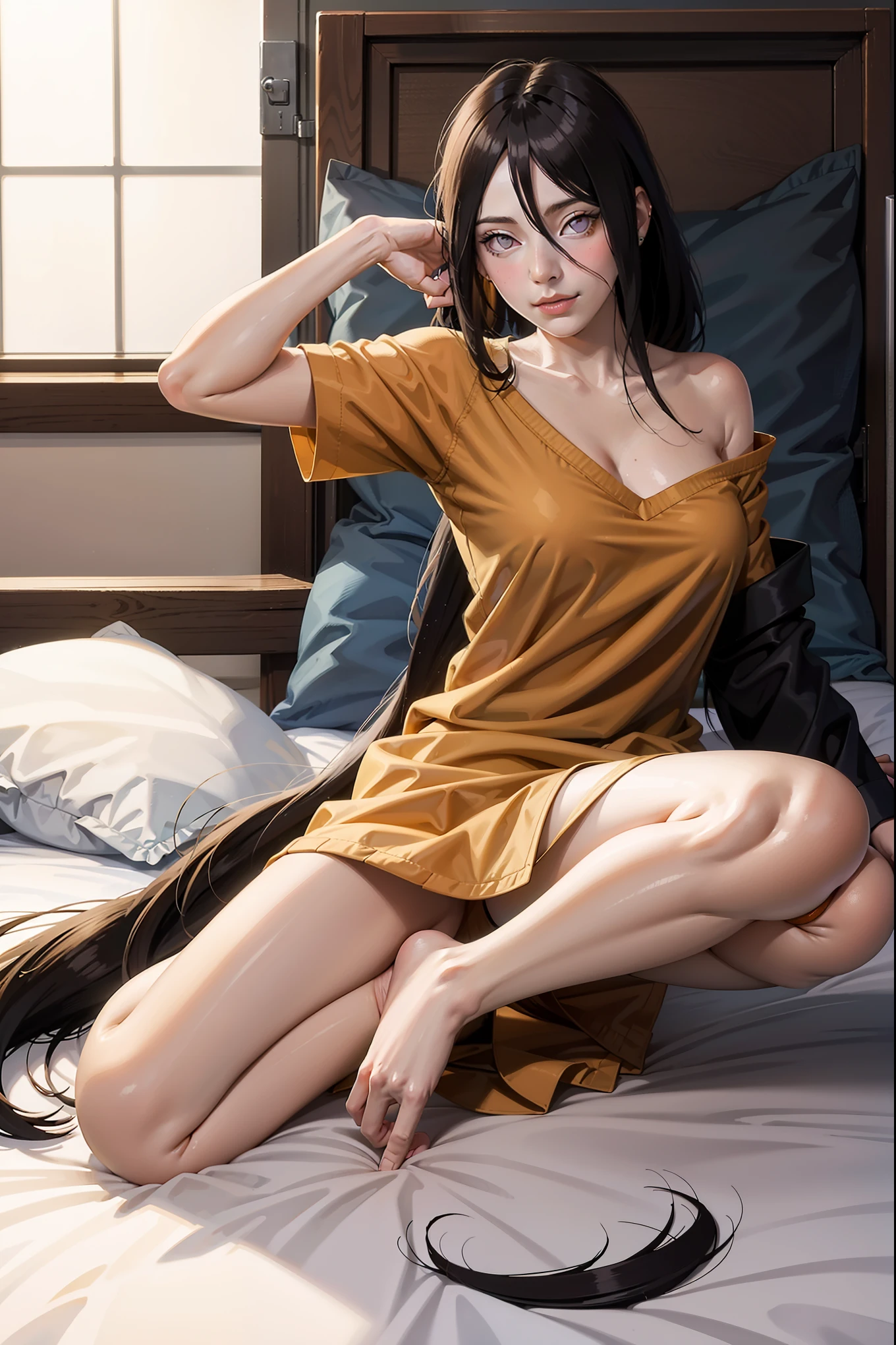 hyuuga hanabi, long hair tied low, hair band, hana, purple eyes, beautiful, beautiful woman, perfect body, perfect breasts, wearing a big  red  t-shirt, black panties, in bed, bedroom, bed, sitting on the bed, looking at the viewer, slightly smiling, realism, masterpiece, textured skin, super detail, high detail, high quality, best quality, 1080p, 16k