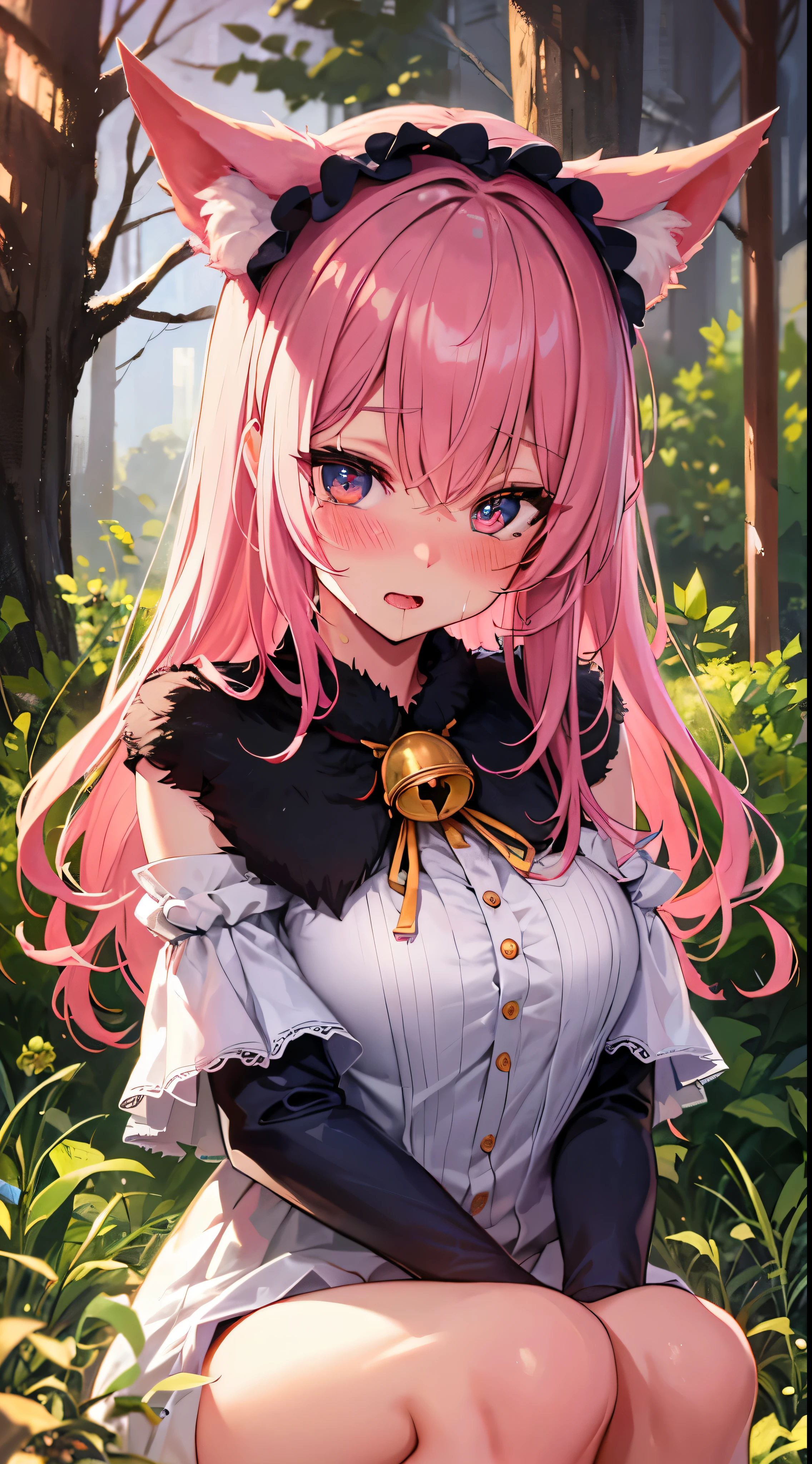 hairy, Pink fur, Off-the-shoulder white translucent morning dress, sit on the grass, Cherry blossom forest background, gold slit pupil, blushing:1, hair between eyes, pink hair, gradient hair, hair past shoulders, wet hair, shiny hair, bell, trumpet, forehead gem, tahairband, eye reflex, shed tears, slit pupil, fox ears, wolf ears, Awkward, blush, saliva, full blush, panicked, despair, full-face blush, realism, 超realism, Ray tracing, reflected light, backlight, Fuji color, Bokeh, ultra high definition, retina, anatomically correct, Super details, best quality, high resolution