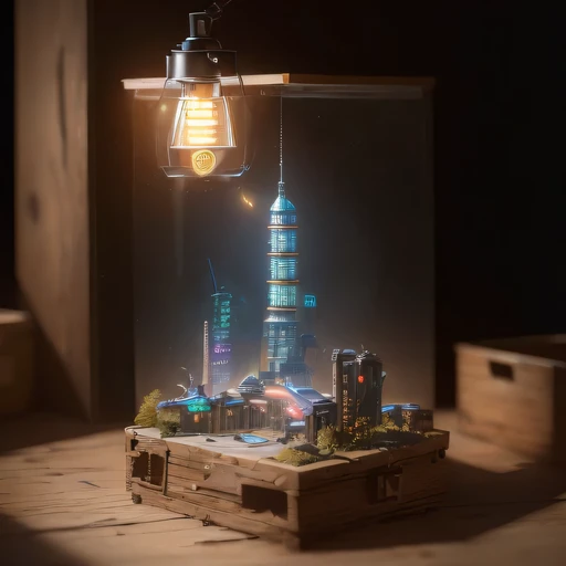 small realistic model, (bifurcation, original photo, best quality, masterpiece:1.4),SteampunkCyberpunk1916 City,(Cyberpunk light:1.3),on the table,horizon (related to land),(in a small nature box:1.3),Isometric, small nature, landscape on foundation,landscape,Distant focus