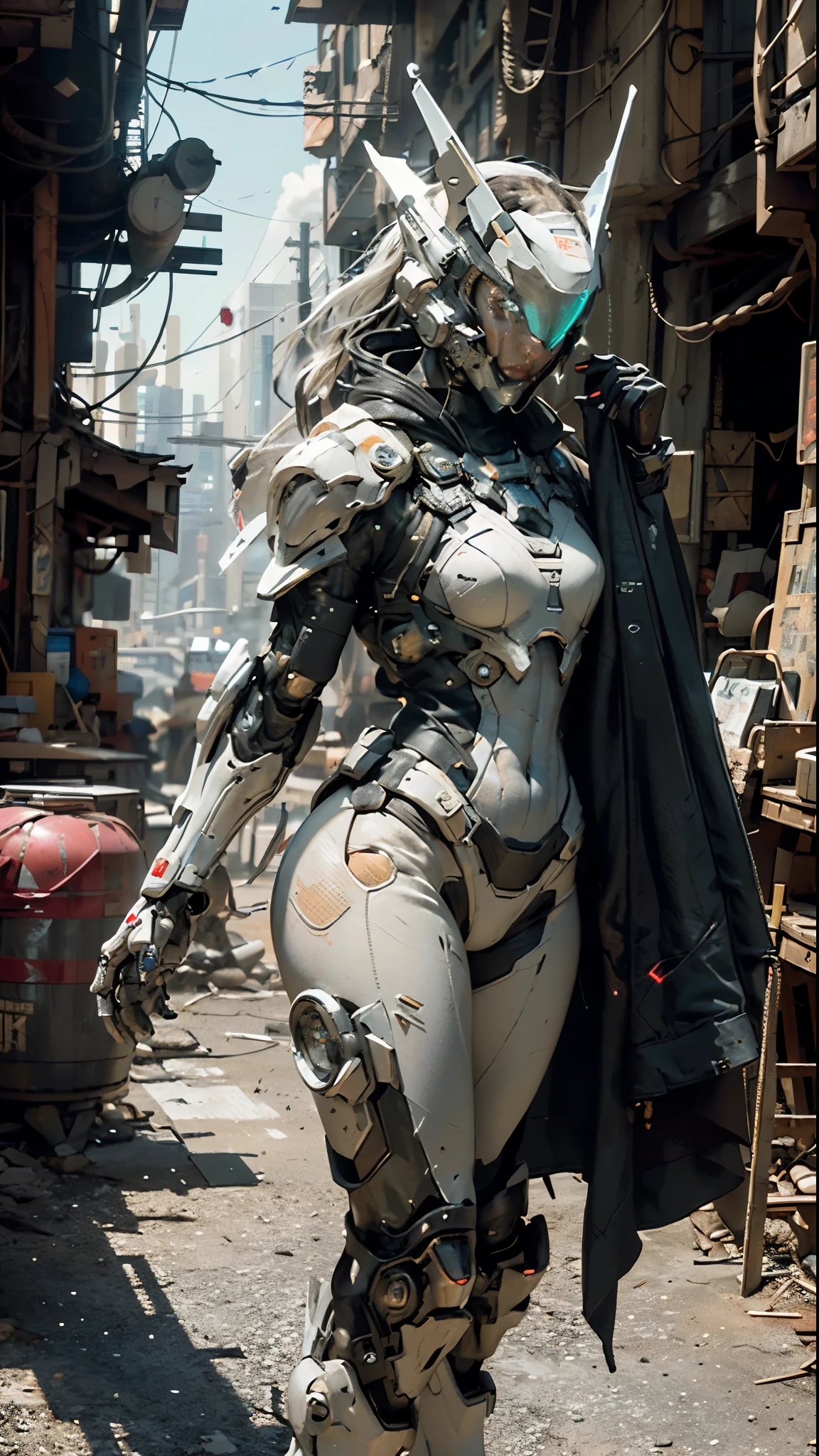 ((best quality)), ((masterpiece)), ((realistic)), (detailed), (photorealistic:1.5), a futuristic girl, (thick body), (white bodysuit), lights on armor, cybernetic headwear, looking at viewer, dynamic pose, post apocalyptic, destroyed city background, buildings on fire, science fiction, hdr, ray tracing, nvidia rtx, super-resolution, unreal 5, subsurface scattering, pbr texturing, post-processing, anisotropic filtering, depth of field, maximum clarity and sharpness, rule of thirds, 8k raw, (luminescent particles:1.4), (extremely detailed cg, unity 8k wallpaper, 3d, cinematic lighting, lens flare), reflections, sharp focus, cyberpunk art, cyberpunk architecture,