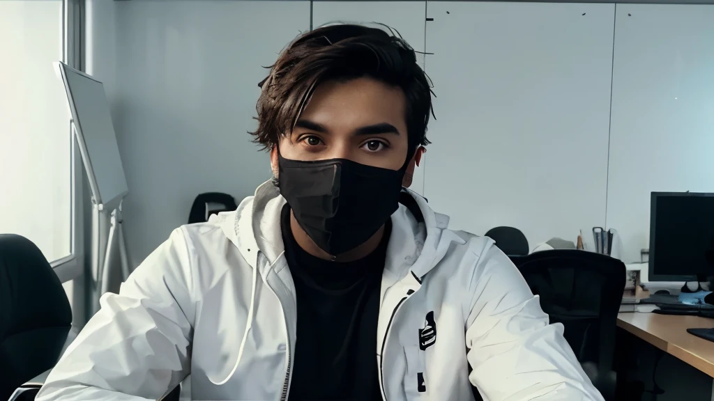 A picture of a YouTuber wearing a black mask and a white jacket, sitting in a modern white office and speaking in front of the camera.