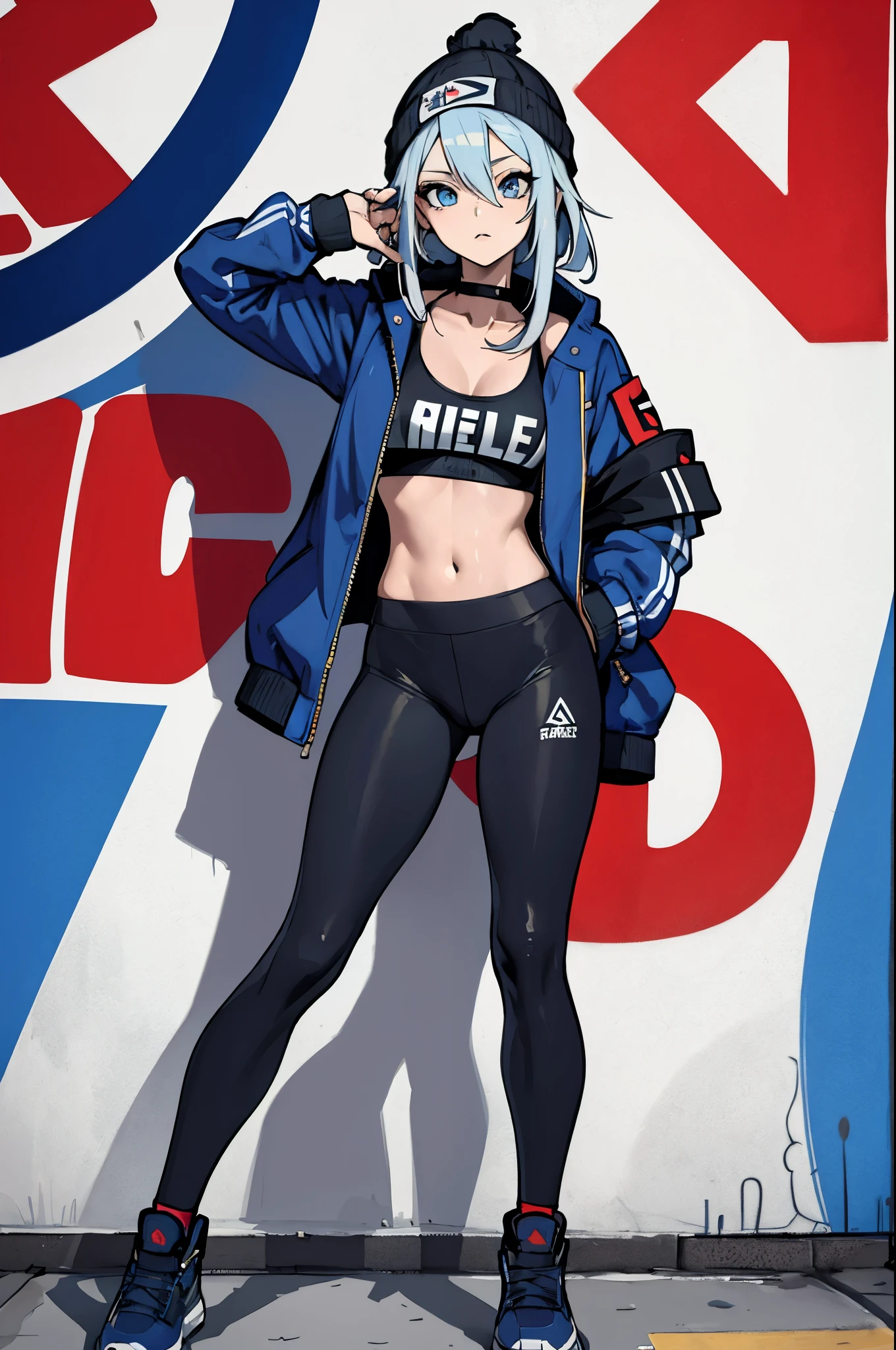 (masterpiece:1.2, best quality), (graffiti wall:1.15), 1lady, beanie, jacket, Leggings, blue eyes, fullbody,