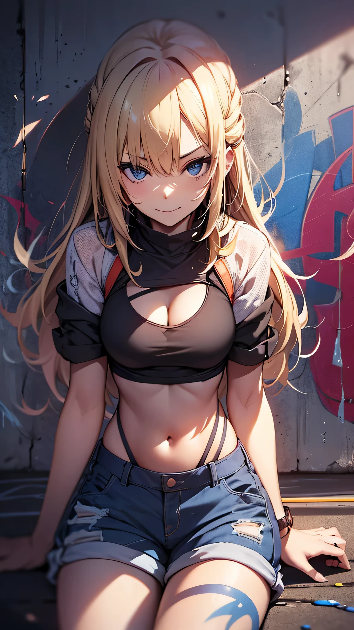 最high quality、best image quality、masterpiece、age girl((18-year-old、 By becoming、vest bust、medium bust,wide open breast tea、black eye, blonde hair、Habitual hair、long hair、thin,highest valley、navel black tank top、blue shorts、Holding a spray can、smug face、leaning forward、paint跡、black aloha shirt、sitting yankee)),high quality、beautiful art、background((Bright city、wall、graffiti、paint、Hawaii、Waikiki))debris flies、Depth of written boundary、movie、visual art、perfect art、8K,genuine