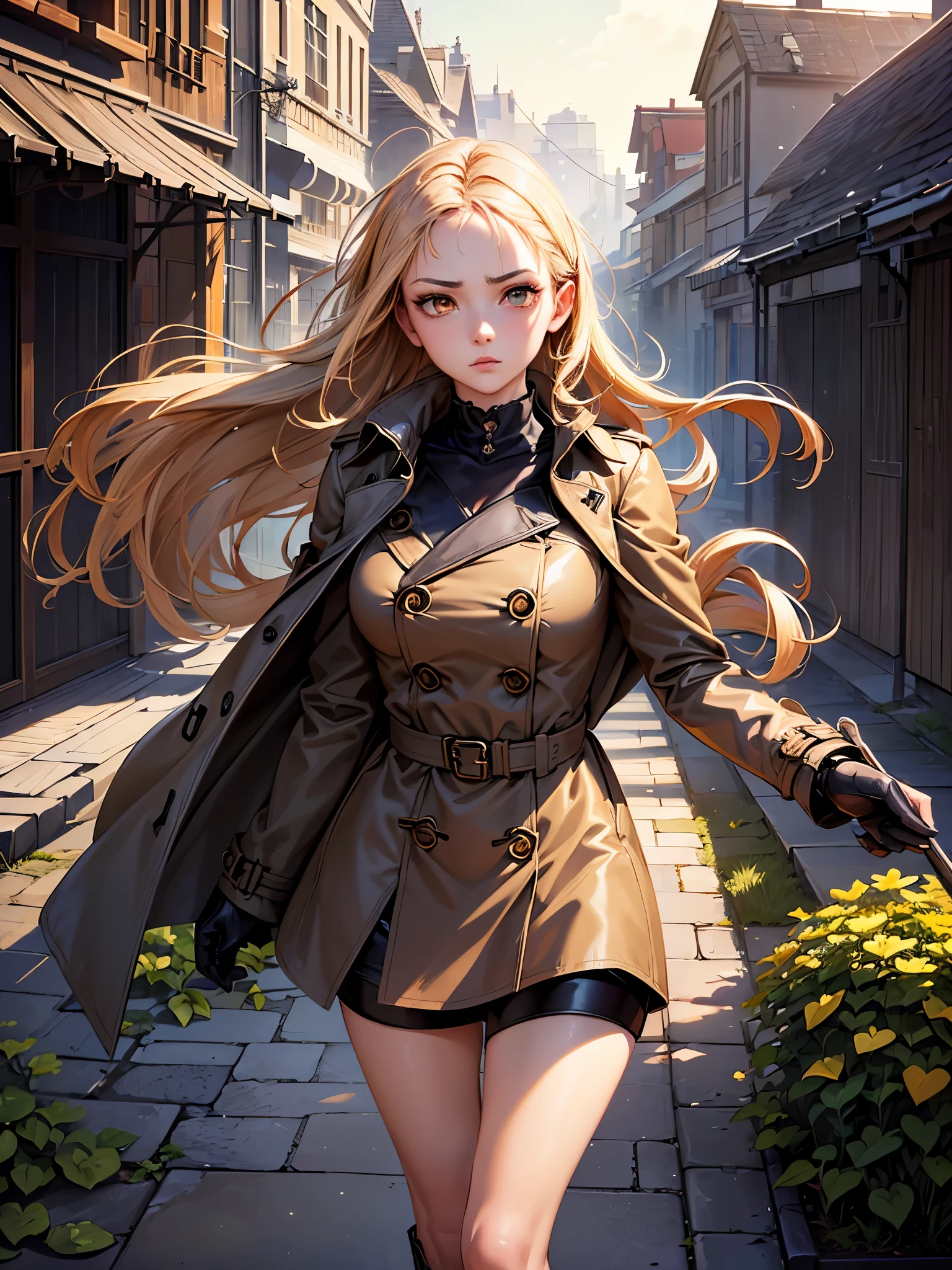 ((highest quality)),(ultra high resolution),(Super detailed),(detailed description),((best CG)),(best work of art),super precision art,great drawing art,(Works with precise details:1.5), (1 female model:1.6),(beautiful and well-shaped face:1.5),(trench coat:1.5),Laced boots:1.4,Leather gloves:1.5,(A serious look into the distance:1.4), Wind blowing through:1.6,