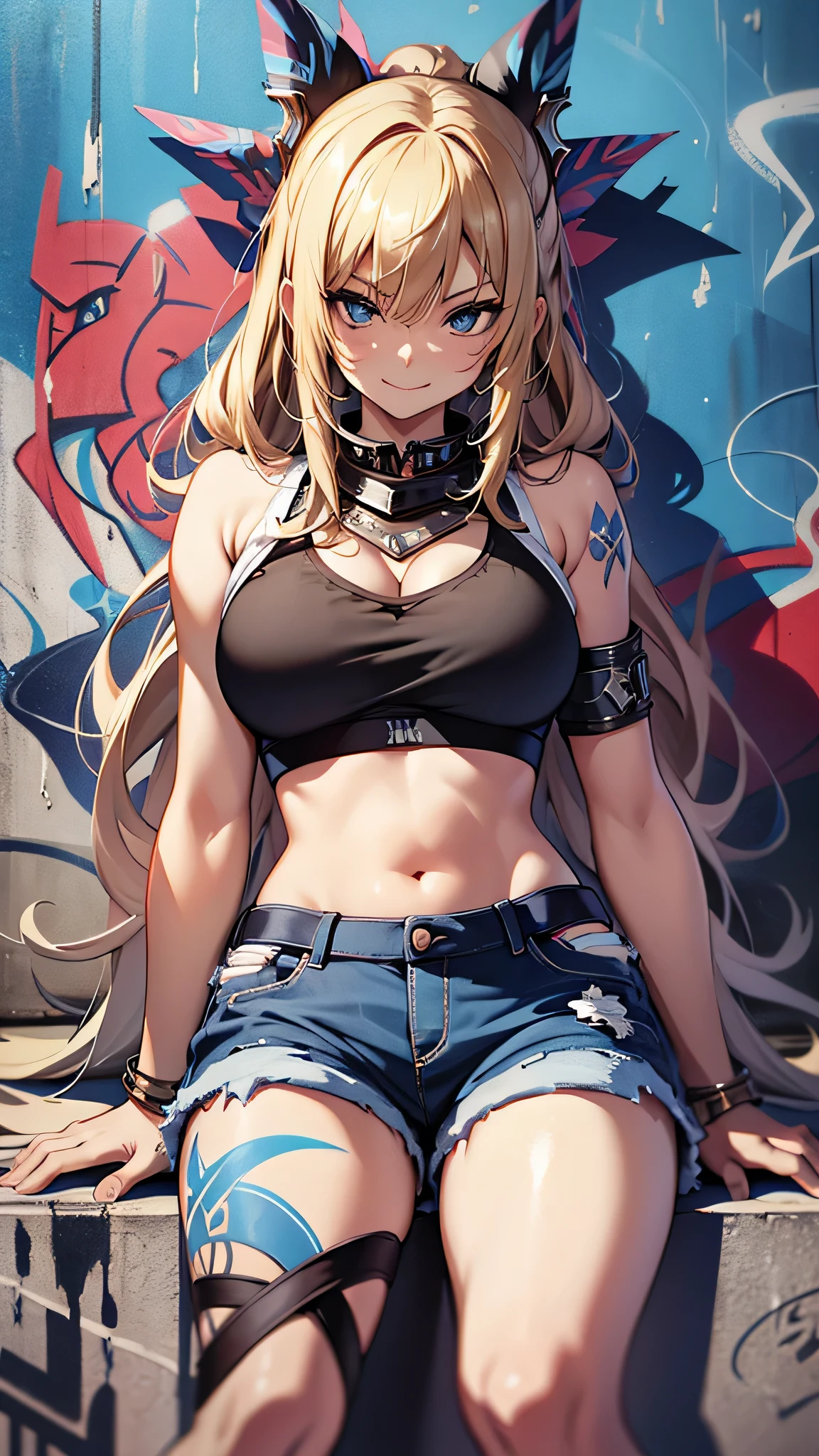 最high quality、best image quality、masterpiece、age girl((18-year-old、 By becoming、vest bust、medium bust,wide open breast tea、black eye, blonde hair、Habitual hair、long hair、thin,highest valley、navel black tank top、blue shorts、Holding a spray can、smug face、leaning forward、paint跡、black aloha shirt、sitting yankee)),high quality、beautiful art、background((Bright city、wall、graffiti、paint、Hawaii、Waikiki))debris flies、Depth of written boundary、movie、visual art、perfect art、8K,genuine