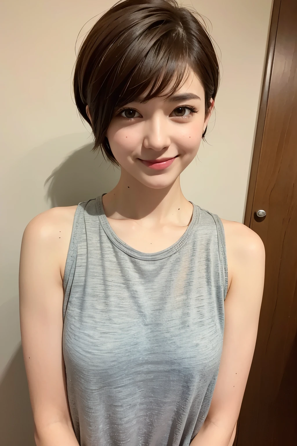 Pixie cut, very, very, very short hair, uneven tips, smile, brown hair, very short hairstyle