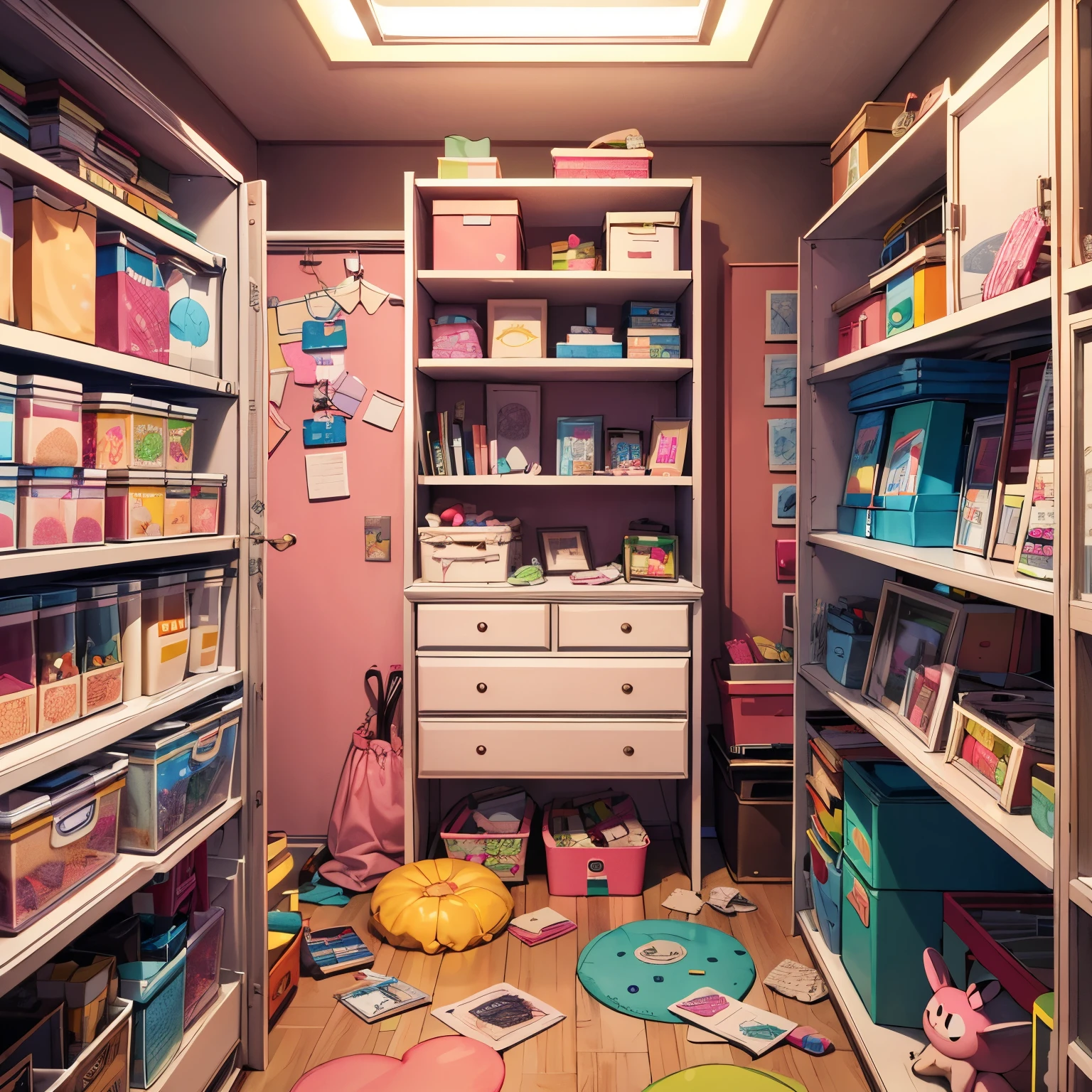 
UHD, Masterpiece, Super Detail, High Quality, Pink Cute Room, Pink Gothic Room, Messy Room, Candy, Heart Item, Star Item, Small Window, (Miscellaneous Goods Are Disorganized: 1.7), Dresser, Antimaka Searle, {{{Unmanned}}}, illustration