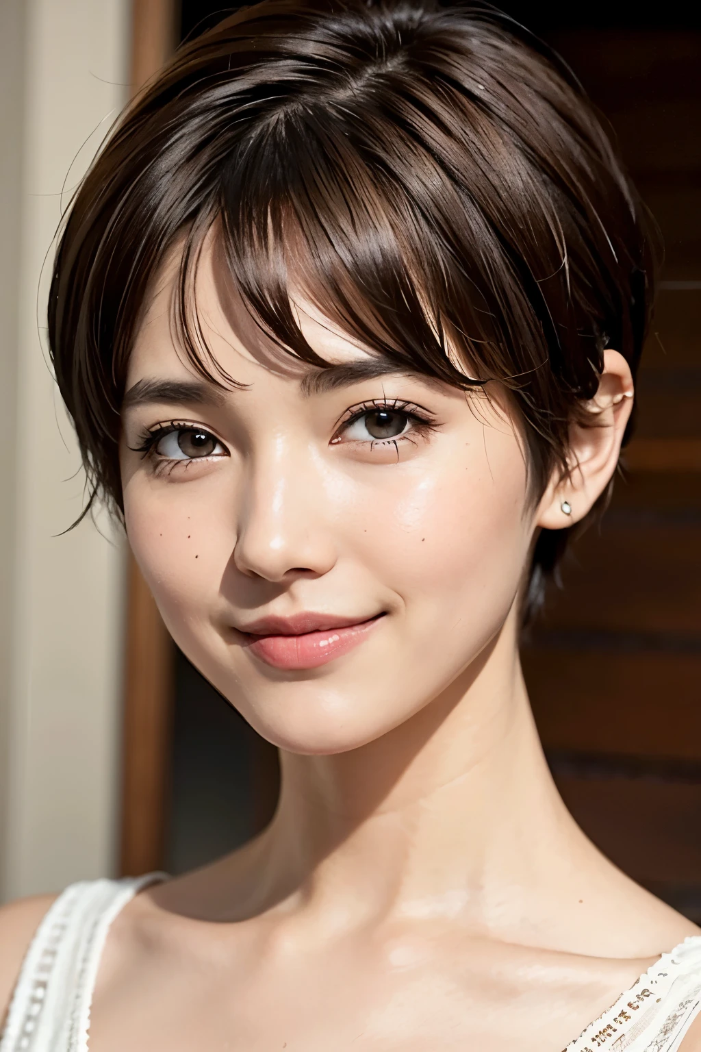 Pixie cut, very, very, very short hair, uneven tips, smile, brown hair, very short hairstyle