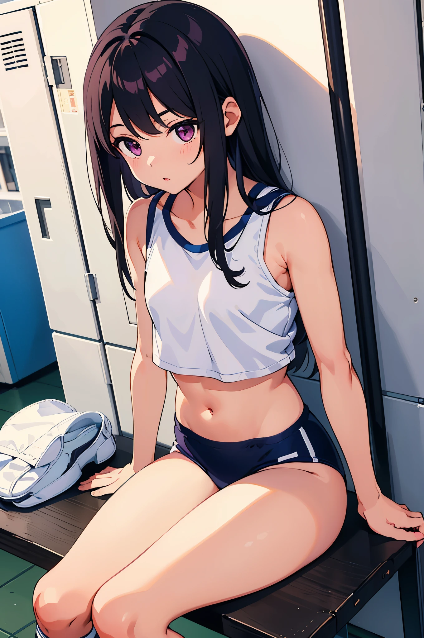 Women&#39;s locker room　elementary school girl　8-year-old　flat chest　black hair　long hair　eyes are purple　（（1 person））　upper body white sports bra　Lower body white panties　white socks　sports boots　sitting on the bench in front of the locker　Open your legs slightly（（White panties are visible））　dynamic angle　Low angle focusing on the lower body