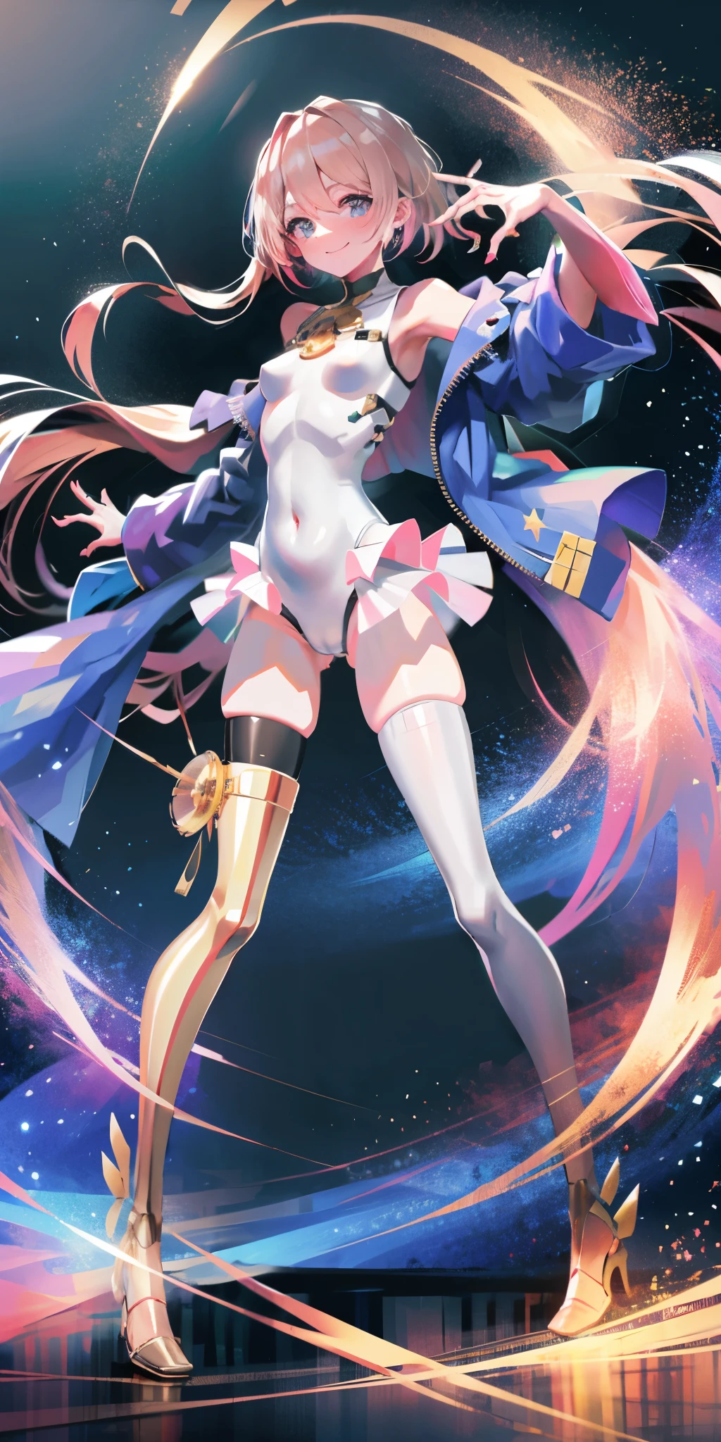 fantasy, magic, one person, woman, long hair, gradient hair, white to pink, starry night, night sky, Princess dress, gold accents in hair, gold accents on dress, face camera, semi - realism, whole body, Colored eyelashes, golden eyes, shimmer in eyes, Smile, looking at the audience, shining,small breasts,open navel,Bare thighs,camel toe,whole body