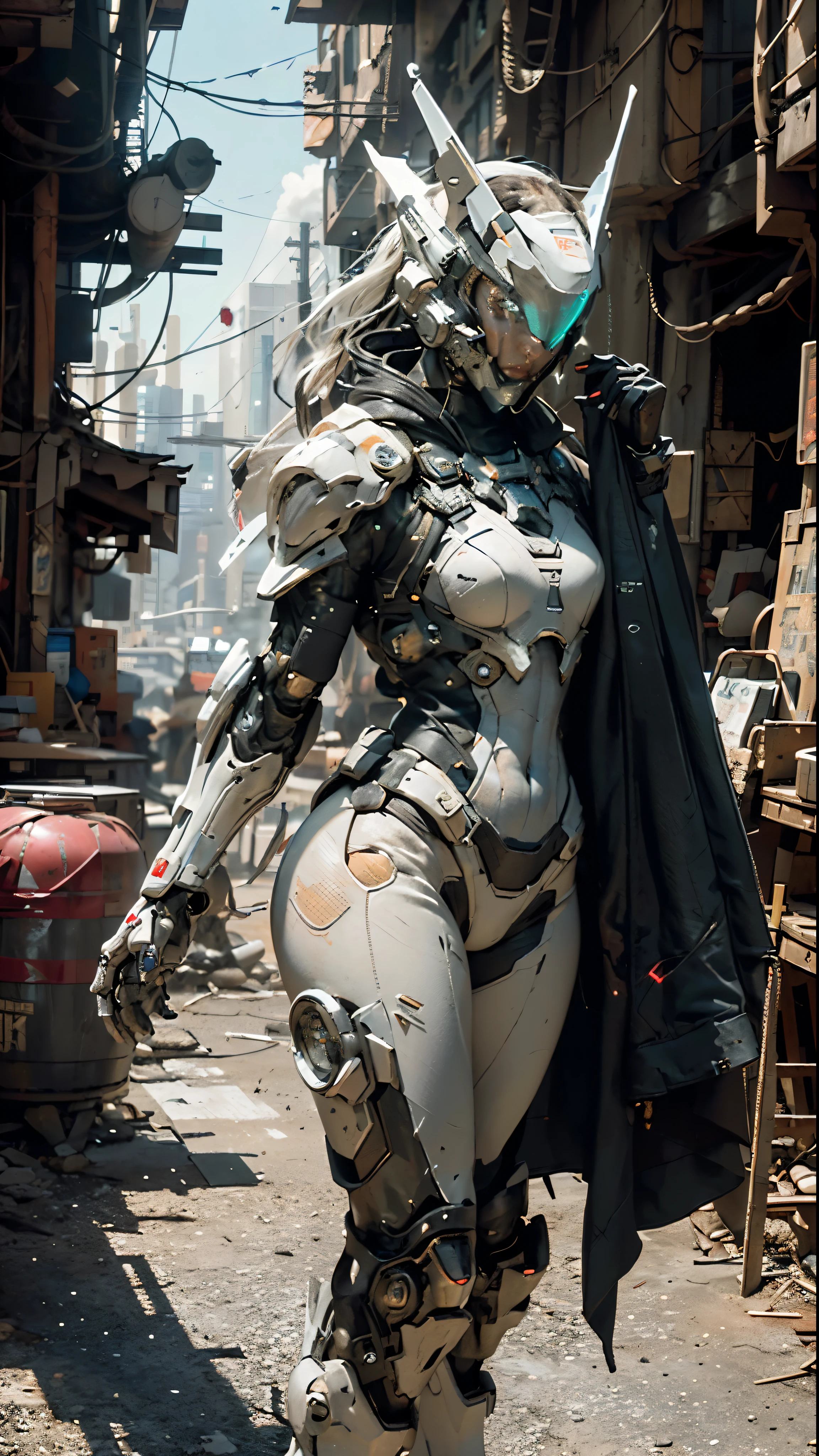 ((best quality)), ((masterpiece)), ((realistic)), (detailed), (photorealistic:1.5), a futuristic girl, (thick body), (white bodysuit), lights on armor, cybernetic headwear, looking at viewer, dynamic pose, post apocalyptic, destroyed city background, buildings on fire, science fiction, hdr, ray tracing, nvidia rtx, super-resolution, unreal 5, subsurface scattering, pbr texturing, post-processing, anisotropic filtering, depth of field, maximum clarity and sharpness, rule of thirds, 8k raw, (luminescent particles:1.4), (extremely detailed cg, unity 8k wallpaper, 3d, cinematic lighting, lens flare), reflections, sharp focus, cyberpunk art, cyberpunk architecture,