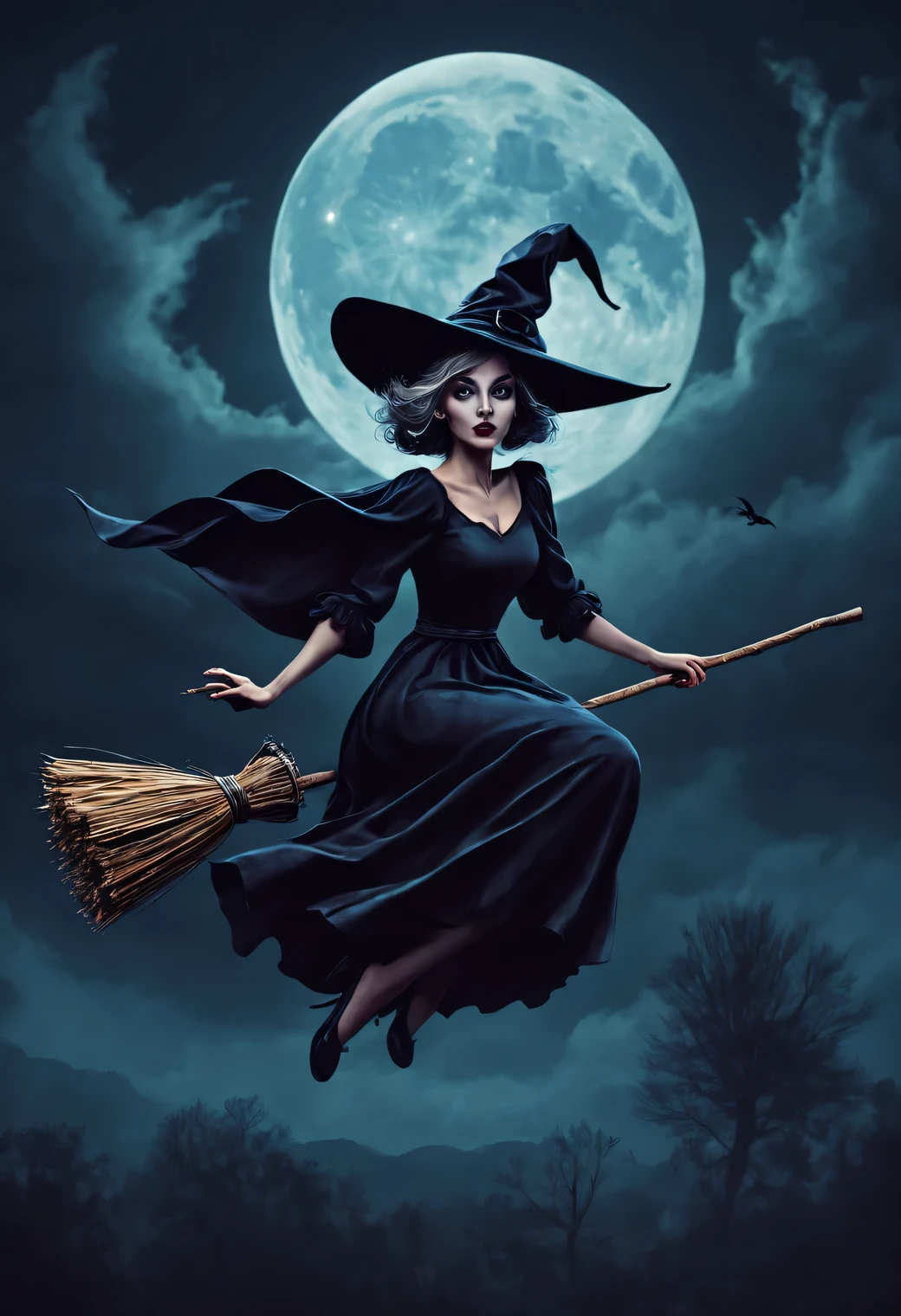 beautiful witch, cloaked in darkness, Sitting on her broom, flying through the night sky on her broom, close up frontal shot, dynamic, Intricate, High Detail, Sharp focus, dramatic, photorealistic
