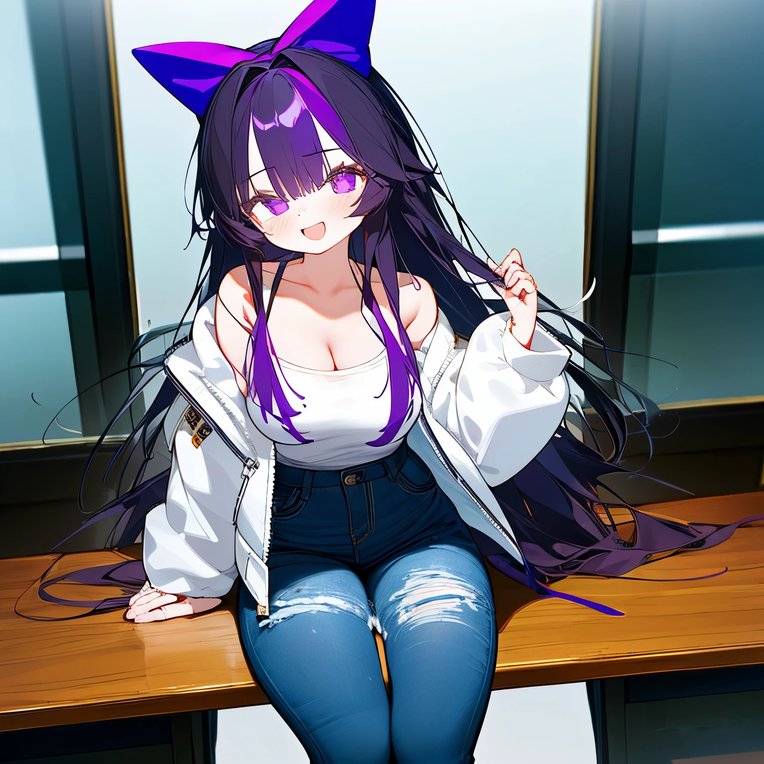 (best quality,masterpiece:1.3), masterpiece, , beautiful woman, high details, Two-Tone long Hair (black % Purple), eye(purple), big bow at back hair (white), laughing, open mouth, tshirt (white), long jeans black, Off-Shoulder Jacket black, shinjuku japan