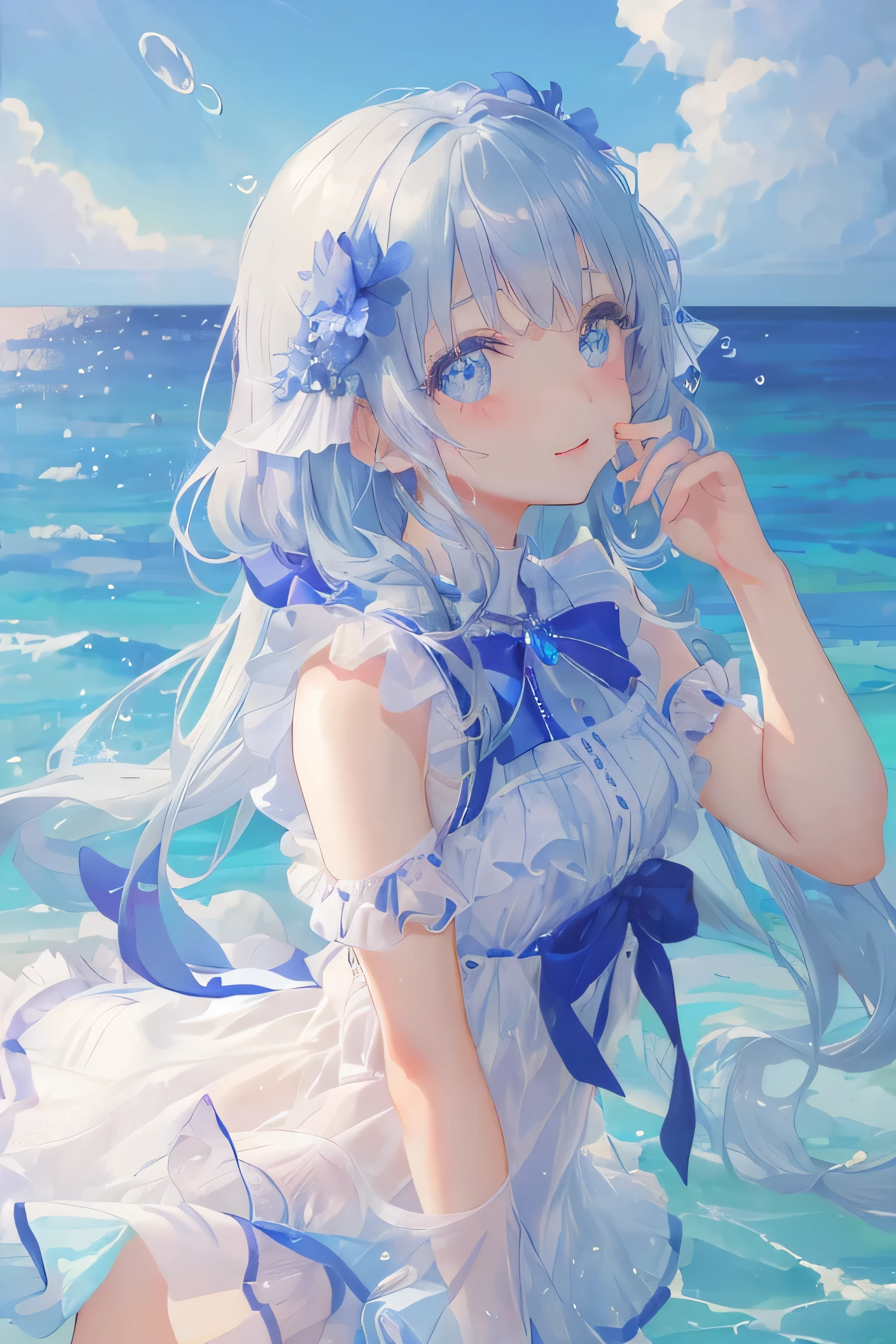 Art by Cornflower, dream-like
(A girl with beautiful and detailed eyes. The depth of field in the photo was perfect, andレンズフレアは素敵なタッチを追加しました. The features of the details on her face really stood out, and、The score of this photo was definitely over 10. in the background, There was a beautiful sea with crystal clear water and water droplets spreading on the surface. It was a stunning photo that really captured the beauty of the girl and the water.)