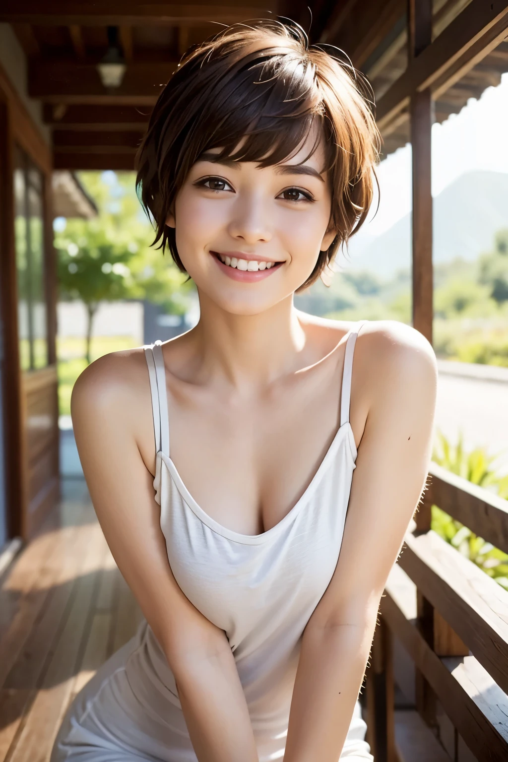 Pixie cut, very, very short hair, uneven tips, smile, brown hair, smiling with very short hairstyle