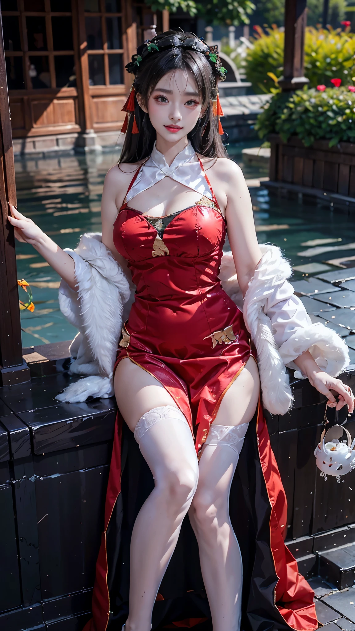 cheshire cosplay costume, cosplay, dress, chinese clothes, thighhighs, fur capelet, cat ears, hair ornament, red high heels, A very beautiful woman, plump slim woman, correct limbs, right hand, in the darkness, float的,water,float, ((躺在池塘里玩water)), night, night view, moonlight, antique buildings, bamboo huts, plant, Soaked all over, wet hair, pretty face, masterpiece, original photo, best quality, detail, lifelike, Very detailed, official art, (extremely beautiful face, beautiful lips, Nice big eyes), detail的脸, A plump chest, cleavage, Slender sexy legs, Leaking legs, Very nice legs, sexy pose, grace, bright smile, Show off your exquisite figure and graceful curves, Ray tracing