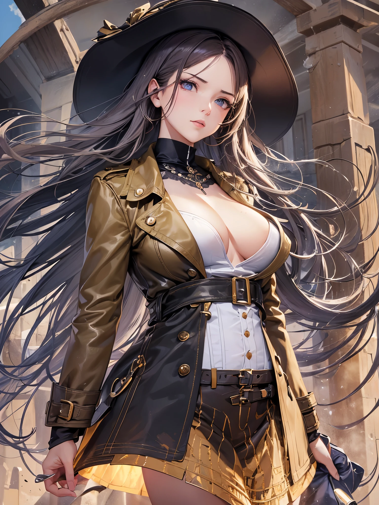 ((highest quality)),(ultra high resolution),(Super detailed),(detailed description),((best CG)),(best work of art),super precision art,great drawing art,(Works with precise details:1.5), (1 female model:1.6),(beautiful and well-shaped face:1.5),(trench coat:1.5),Laced boots:1.4,Leather gloves:1.5,(A serious look into the distance:1.4), Wind blowing through:1.6,