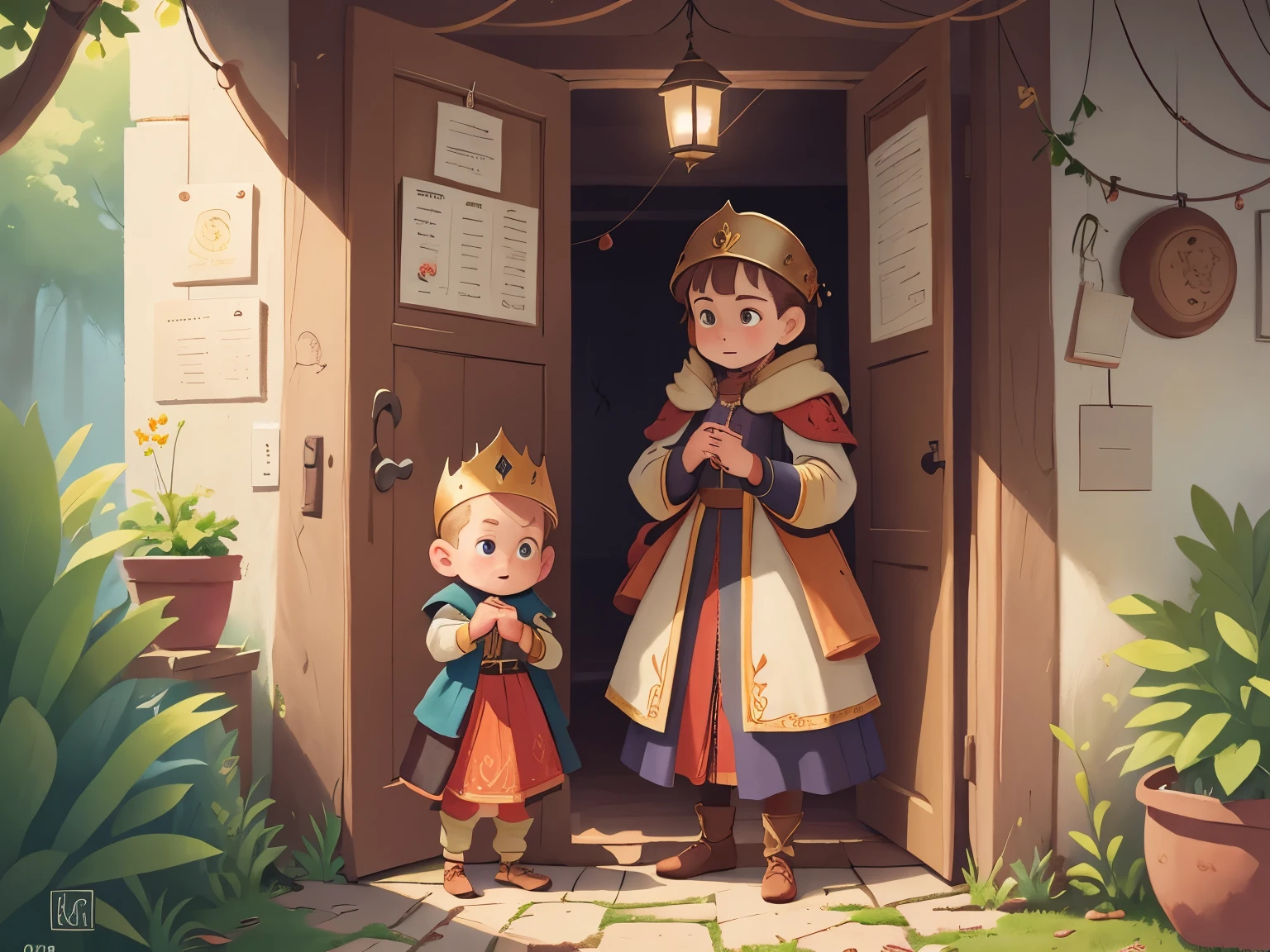 Medieval Europe, medieval clothing, ancient times, ((solo)),A 5-year-old boy and his mother stood at the door, staring ahead as a crowned king passed in front of them,((blond hair)), watercolor, medieval style,