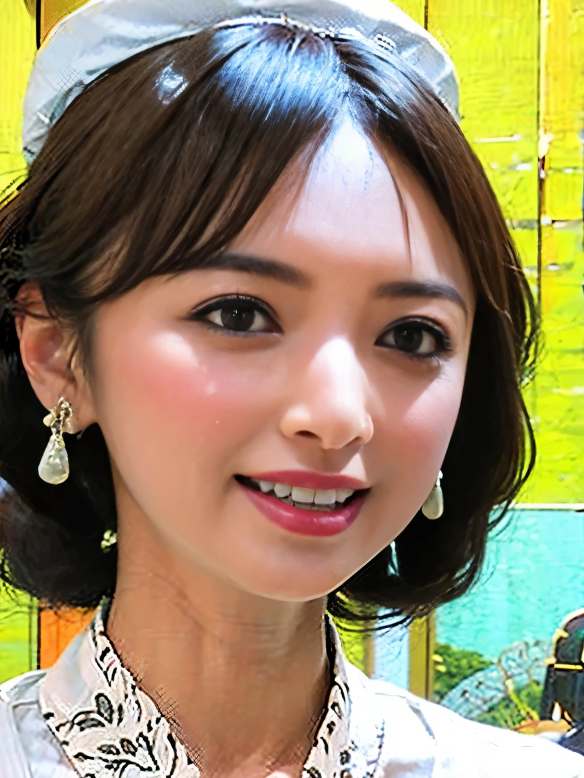 delicate, masterpiece, beautiful, colorful, finely, intricate details,Lip details,grace,,(1 girl:1.1),alone, (beautiful30歳のセクシーな韓国の女の子:1.2), Instagram, (K-POP idol, korean mixed), (black hair+tied up:1.3), (50mm sigma f/1.4 Zeiss lens, f1.4, 1/800 series, iso100, photo shoot:1.1), (big breasts:1.1), (realistic:0.8),hospital, sunlight,Are standing,(sexy nurse, nurse cap :1.2),smile,earrings,