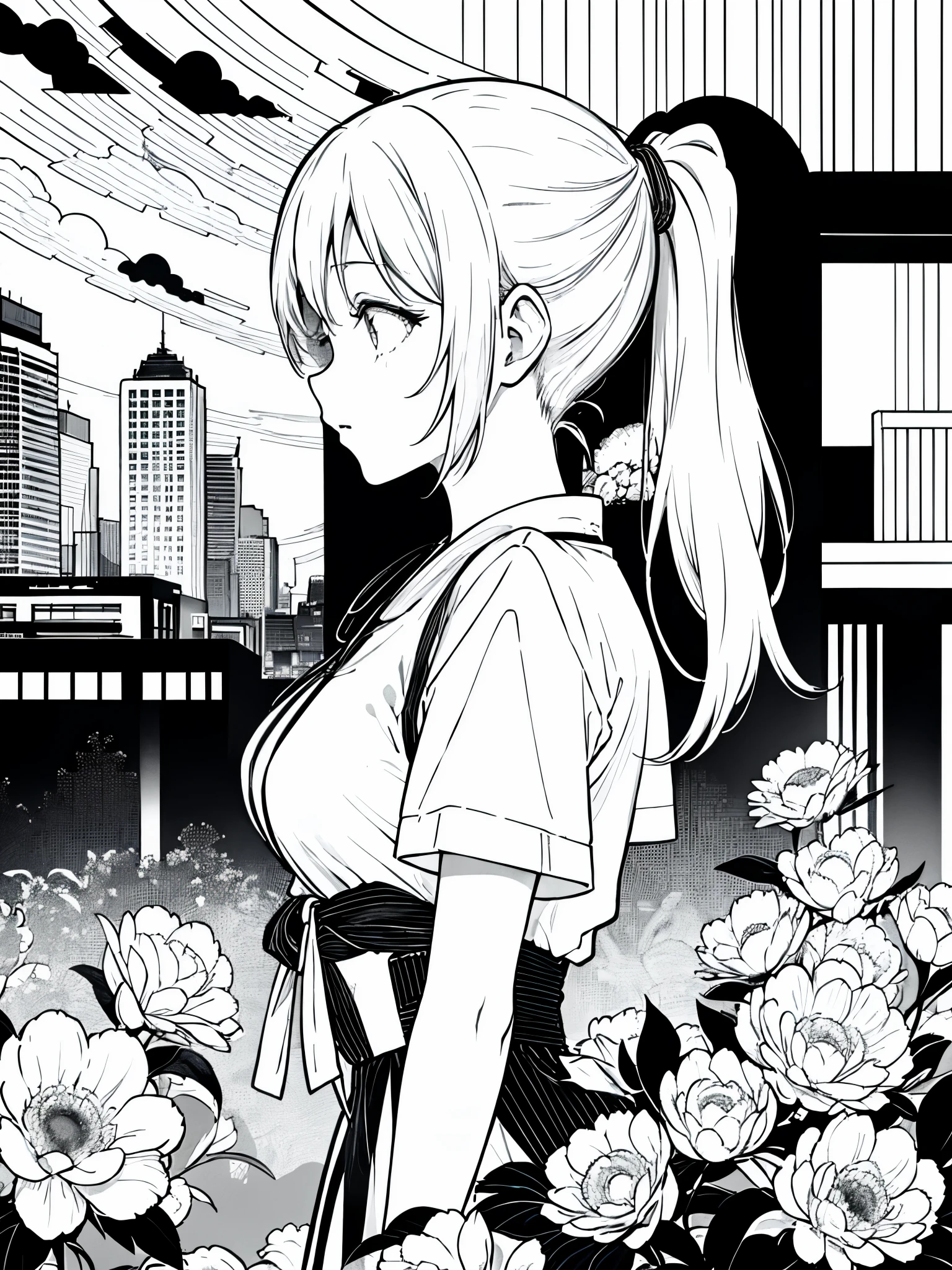 【Highest Quality, masutepiece】 [girl, dress, ponytail, Upper body] (retro city), breast, profile, (silhouette), black and white