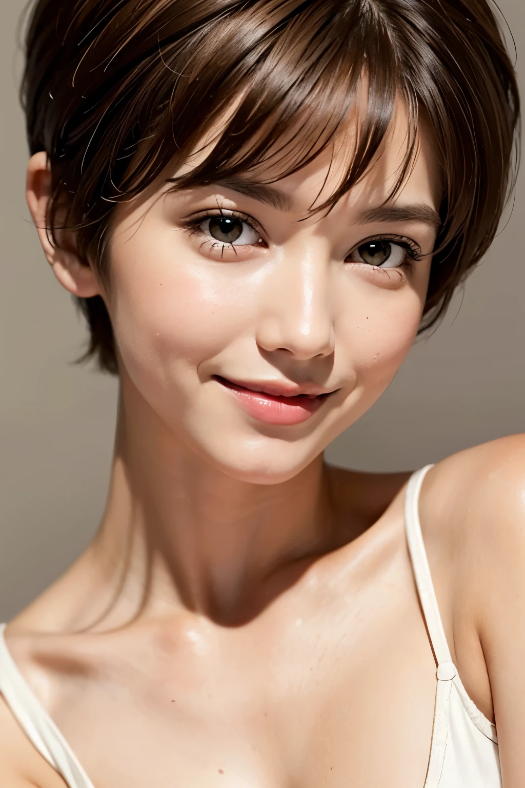 Pixie cut, very, very, very short hair, uneven tips, smile, brown hair, very short hairstyle
