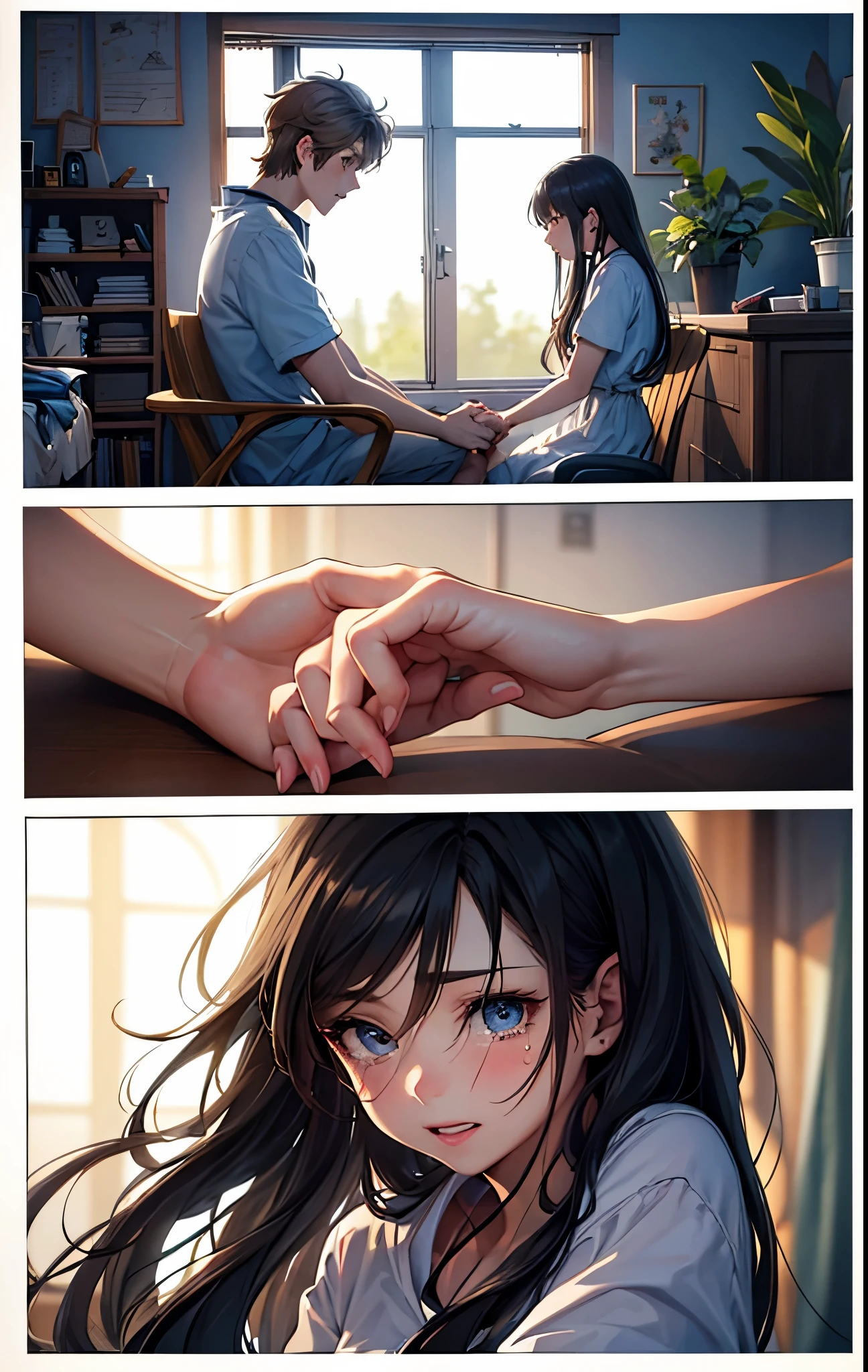 [[[ Super detailed, best quality, beautiful, 4K]]], portrait, Modern room background, A boy and girl holding hands，Detailed and complete hand structure，a girl who is crying，tears，2D cartoon
