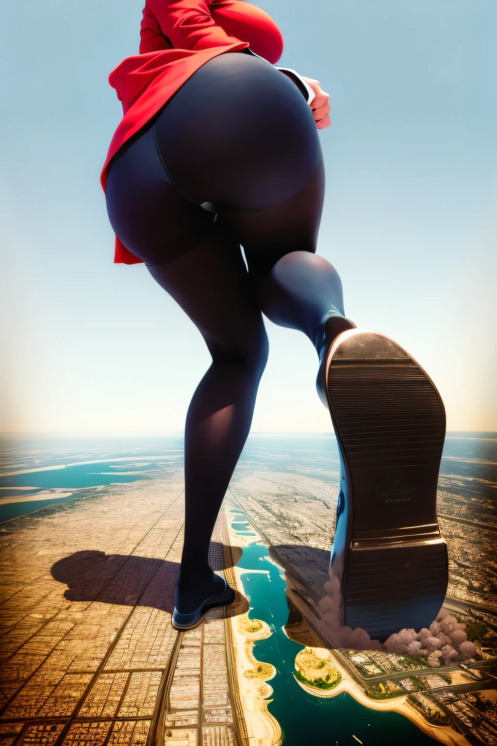 Giantの芸術, 非常に詳細なGiantショット, Giant, short hair, A high school girl who is much bigger than a skyscraper, wearing rimless glasses, big breasts, big ass, navy blue blazer, red tie, mini skirt, black pantyhose, pantyhose barefoot, Steam comes out from the soles of the feet, very small metropolis, miniature metropolis, crush the big city, full body description, GTS, ギガGiant, Stomping City, crash city, Small town, micro city, High resolution, highest quality, masterpiece,