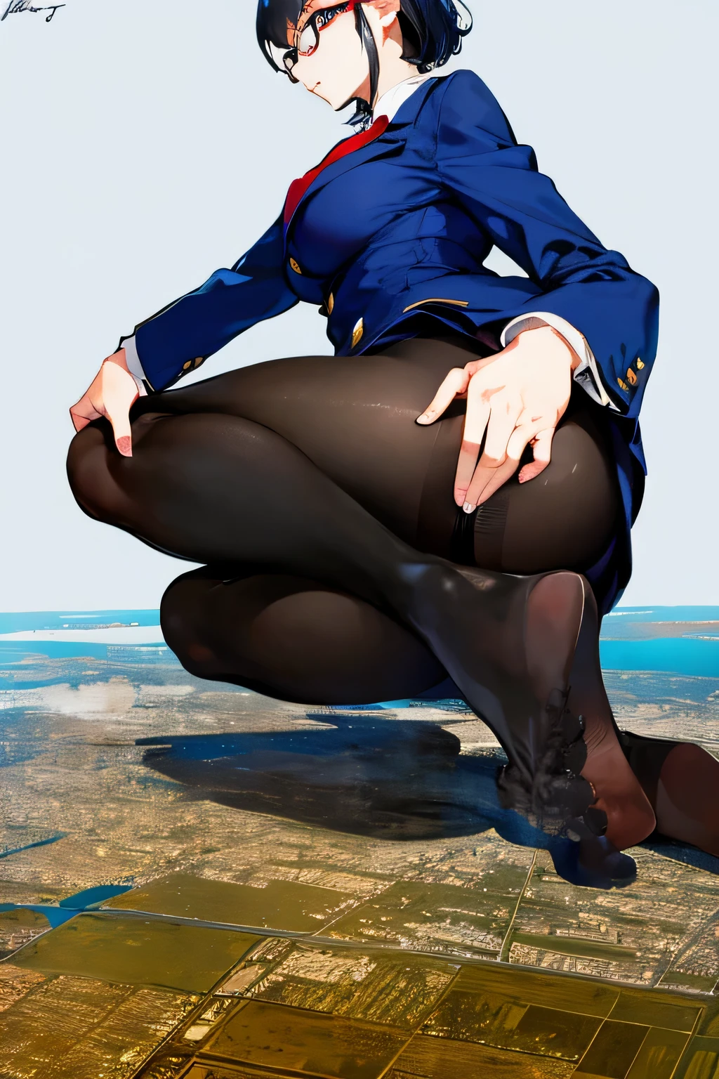 Giantの芸術, 非常に詳細なGiantショット, Giant, short hair, A high school girl who is much bigger than a skyscraper, wearing rimless glasses, big breasts, big ass, navy blue blazer, red tie, mini skirt, black pantyhose, pantyhose barefoot, Steam comes out from the soles of the feet, very small metropolis, miniature metropolis, crush the big city, full body description, GTS, ギガGiant, Stomping City, crash city, Small town, micro city, High resolution, highest quality, masterpiece,
