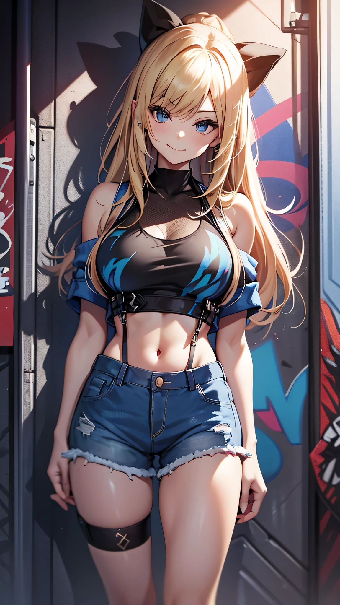 最high quality、best image quality、masterpiece、teenage girl((18-year-old、 By becoming、vest bust、medium bust,wide open breast tea、black eye, blonde hair、Habitual hair、long hair、thin,highest valley、navel black tank top、blue shorts、Holding a spray can、smug face、leaning forward、paint跡、black aloha shirt、squat、open your legs)),high quality、beautiful art、background((Bright city、wall、graffiti、paint、Hawaii、Waikiki))debris flies、Depth of written boundary、movie、visual art、perfect art、8K,genuine