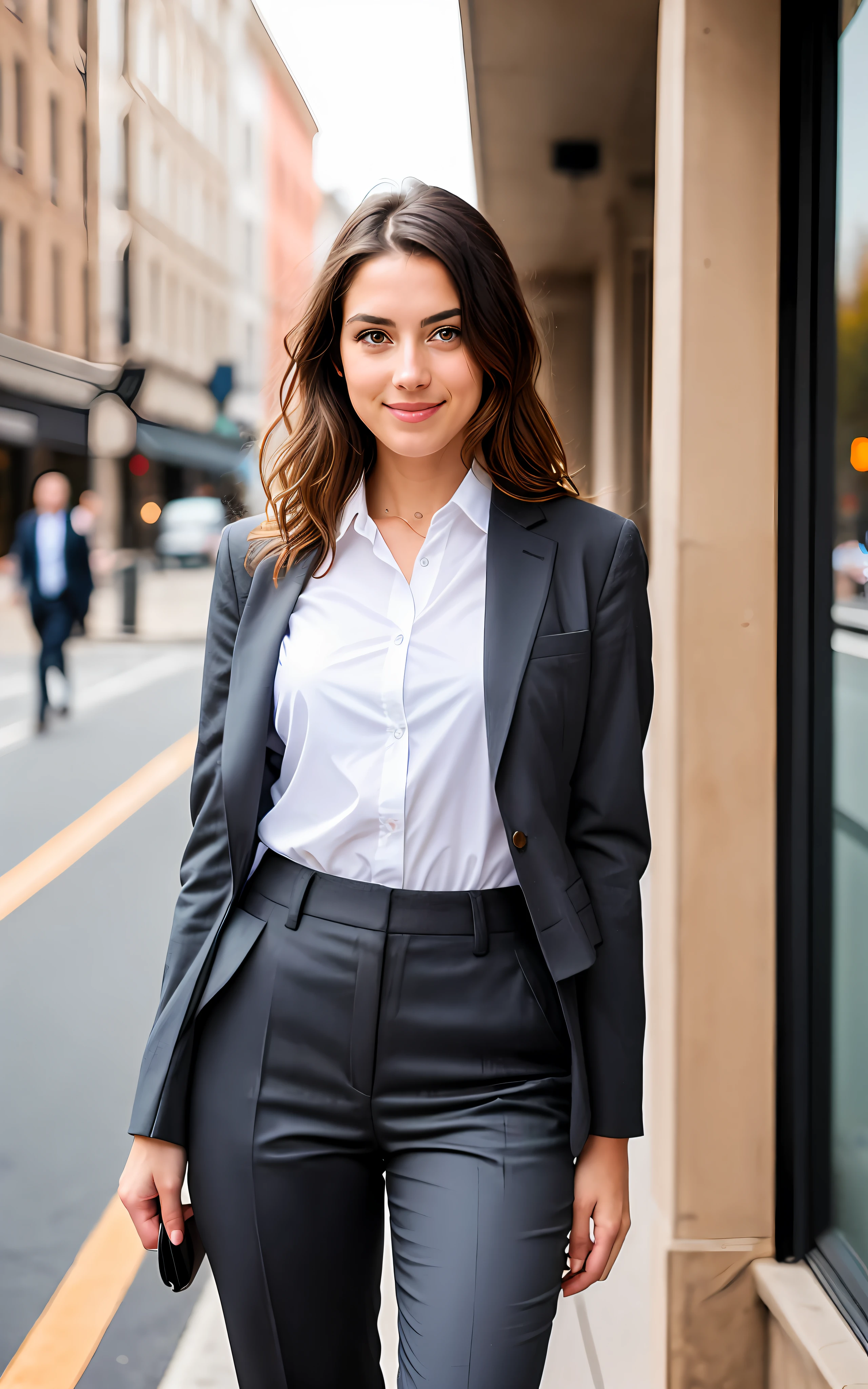 bela morena, A woman in a white shirt and black pants stands on the sidewalk, business clothes, casual business clothes, usando uma roupa estilosa, garota de terno, usando roupas casuais estilosas, office clothes, business clothes, Roupas de moda moderna, camisa cropped com jaqueta, garota de terno, wearing a business suit, wearing business suit, wearing business casual dress,, muito detalhado, 21 anos, rosto inocente, cabelos ondulados naturais, olhos azuis, high resolution, obra de arte, melhor qualidade, detalhes intrincados, altamente detalhado, sharp focus, pele detalhada, realista skin textura, textura, olhos detalhados, profissional, 4k, sorriso charmoso, filmado em Canon, 85mm, profundidade superficial de campo, Kodak Vision Colors, corpo em forma perfeita, extremamente detalhado, foto_\(ultra\), photorealista, realista, post-processing, maximum detail, rugosidade, Vida real, ultra realista, fotorrealismo, fotografia, 8K Ultra HD, fotografia