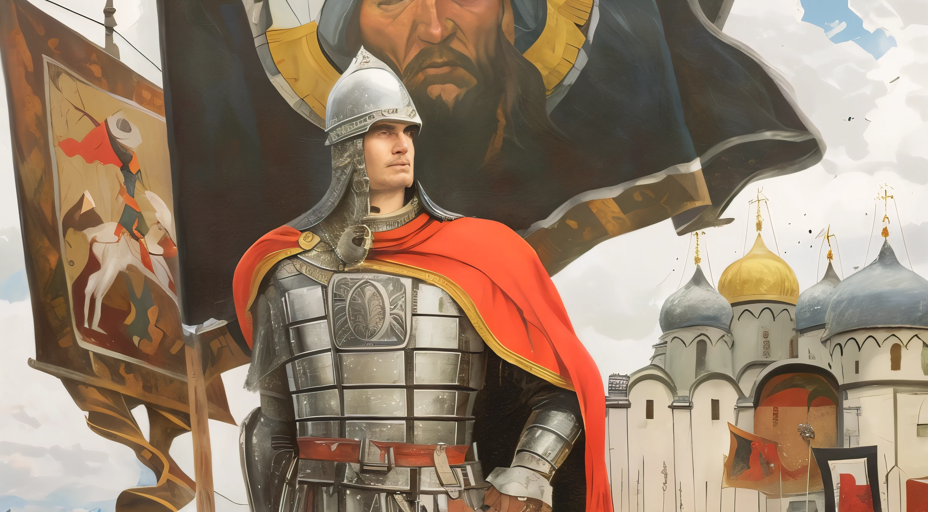 a painting of a man in armor with a flag and a painting of a man in a helmet, the great stoker king, inspired author Roman Bezpalkiv, author Roman Bezpalkiv, Roman Shipunov, by Mikhail Evstafiev, Tibor Renьi, by Pavel Fedotov, Sergey Vasilkovsky. With one hand we lean on the sword on the belt, holding a banner with the other hand