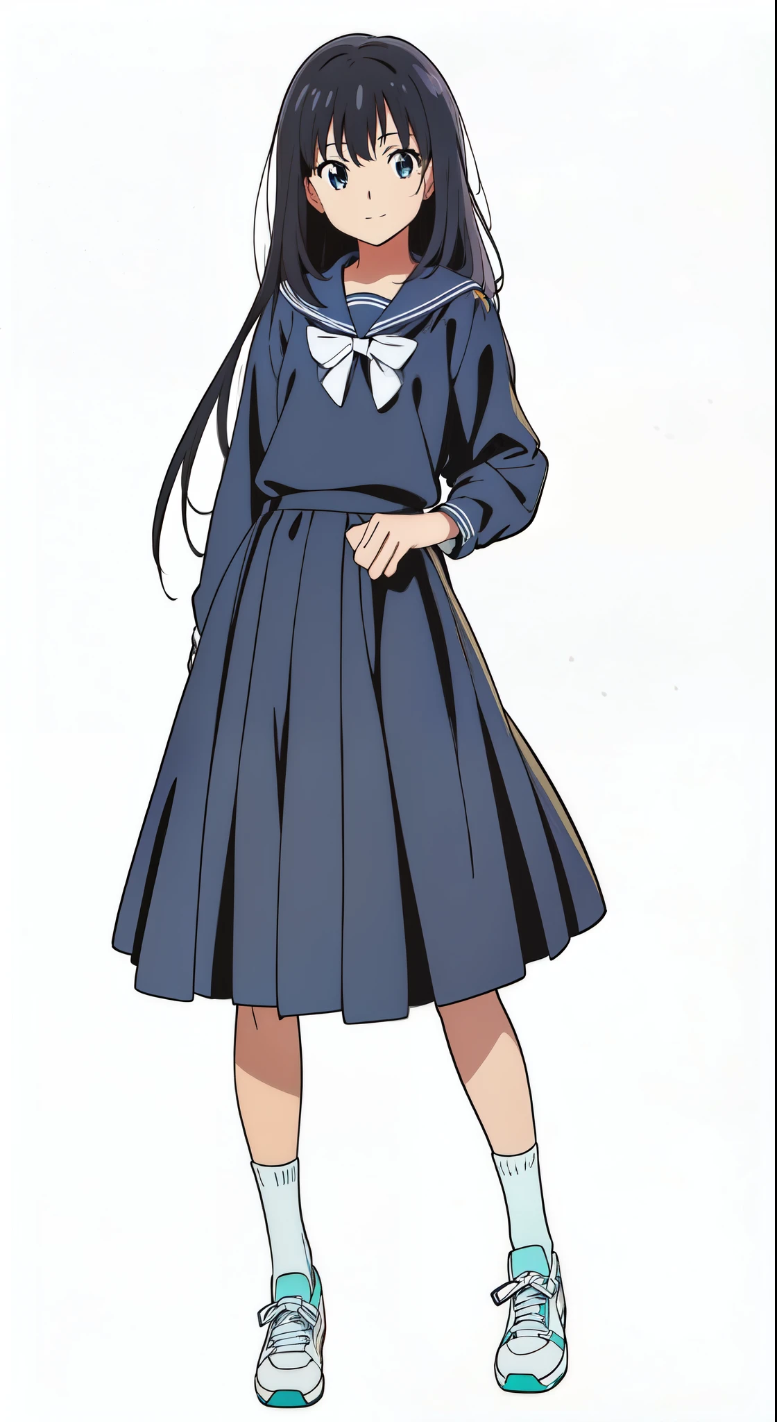 (best quality:2.0), (white background:1.0), (anime:2.0), (official art:2.0), (best quality:2.0), (masterpiece:1.0), (full body:1.0), (solo:1.0), (a  cute girl:1.5), (long skirt:1.0), (dark blue skirt:1.0), (pleated skirt:1.0), (dark blue sailor uniform:1.0), (long sleeve sailor uniform:1.0), (sneakers:1.0), (white socks:1.0), (ideal ratio body proportions:1.0), (lanky:1.0), (tall:1.0), (slender:1.0), (small breasts:1.0), (smaller face:1.0), (tareme:1.5), (detailed beautiful eyes:1.5), (detailed beautiful face:1.5), (glowing black eyes:1.0), (medium hair:1.0), (black hair:1.0), (standing:1.0), (looking at viewer:1.0)