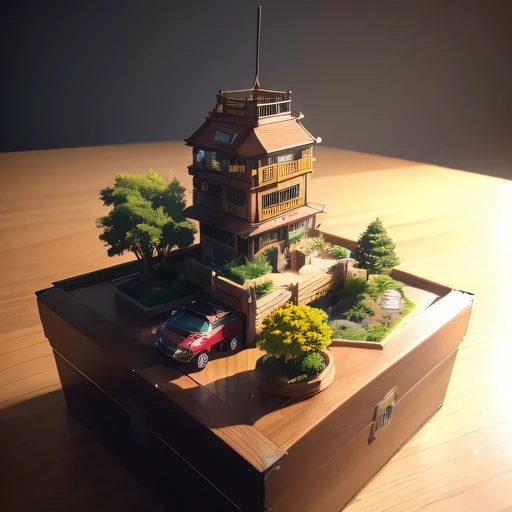 small realistic model, (bifurcation, original photo, best quality, masterpiece:1.4),SteampunkCyberpunk1916 City,(Cyberpunk light:1.3),on the desert,horizon (related to land),(in a small nature box:1.3),Isometric, small nature, landscape on foundation,landscape,Distant focus
