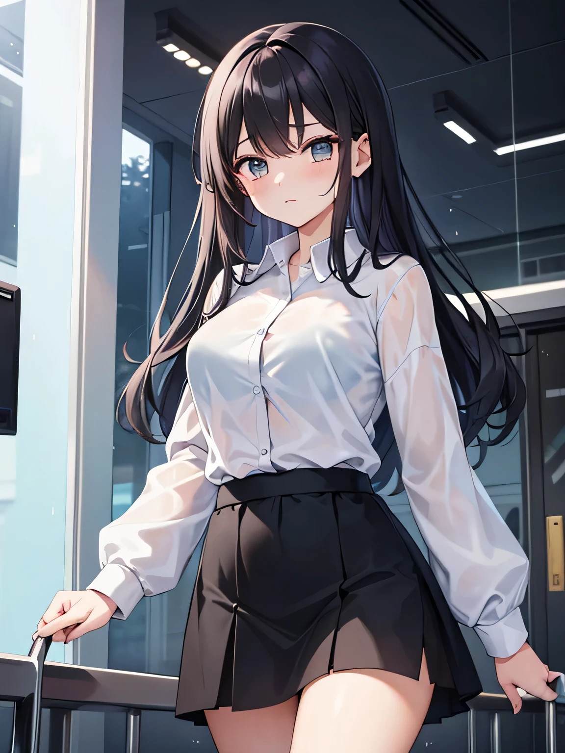 (1) A woman is walking in the rain, My cut shirt is wet and my light blue bra is visible..
(2) The woman is wearing a white cutter shirt, black skirt and black high socks.
(3) that woman has long black hair.
(4) The woman looks worried.
(5) The location is outdoors in an office district at night..