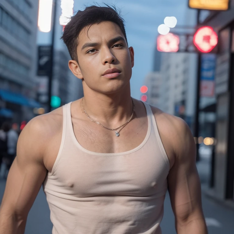 A mais alta qualidade, 8K, image high resolution, Detailed strokes, no meio de uma avenida movimentada estilo Times Square, inverno, apoiado em um dos postes, adolecente, lion men, wearing a tank top , masculo, chest a little tight in the shirt , (angulo de baixo), (angulo perto) , pernas definidas, defined arms, abdomen definido, com a camisa,